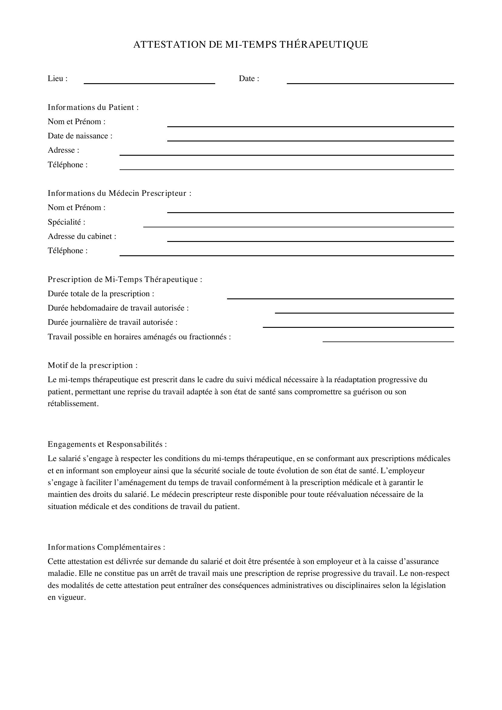 Modèle Attestation Mi-Temps Thérapeutique
