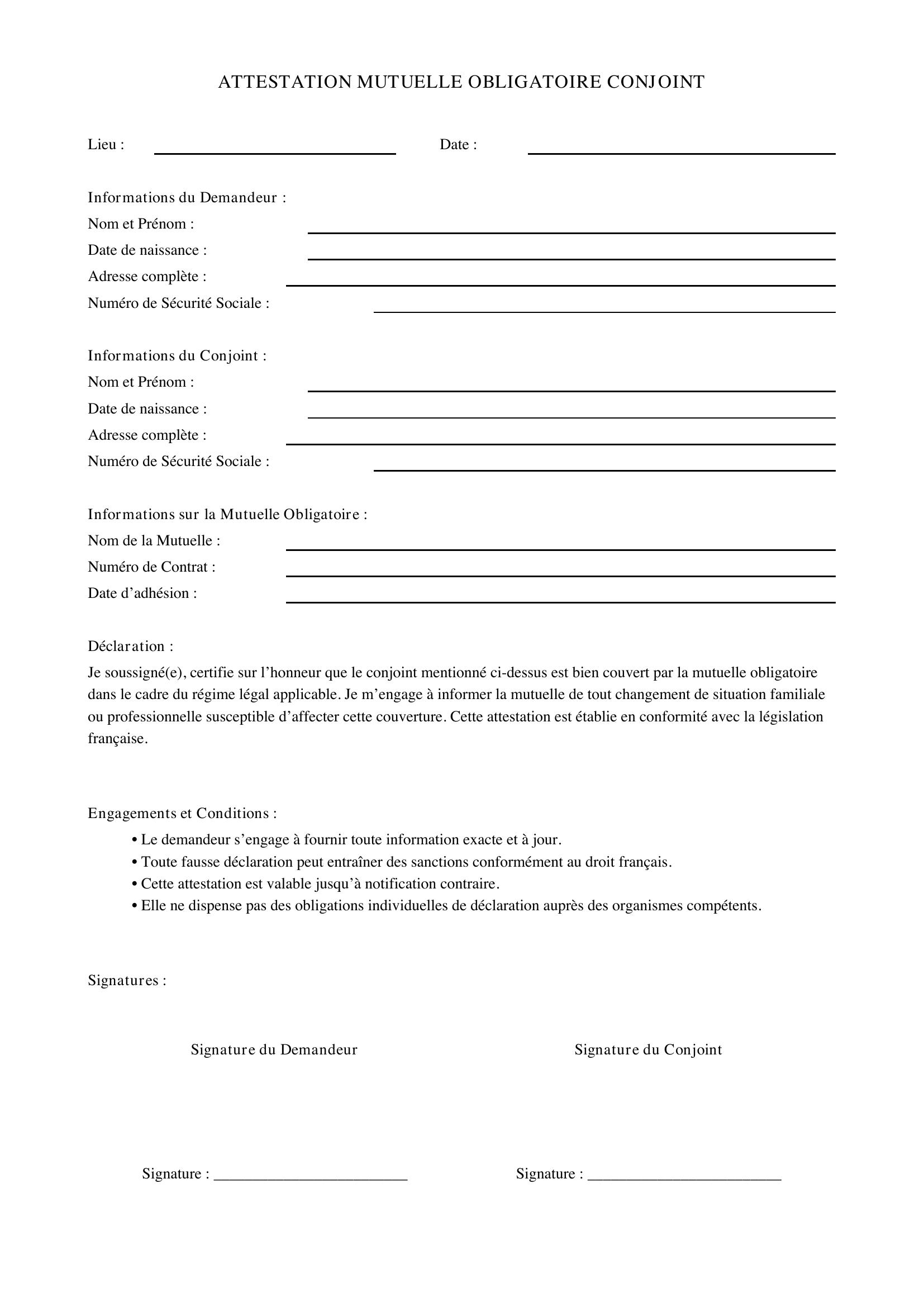 Modèle Attestation Mutuelle Obligatoire Conjoint