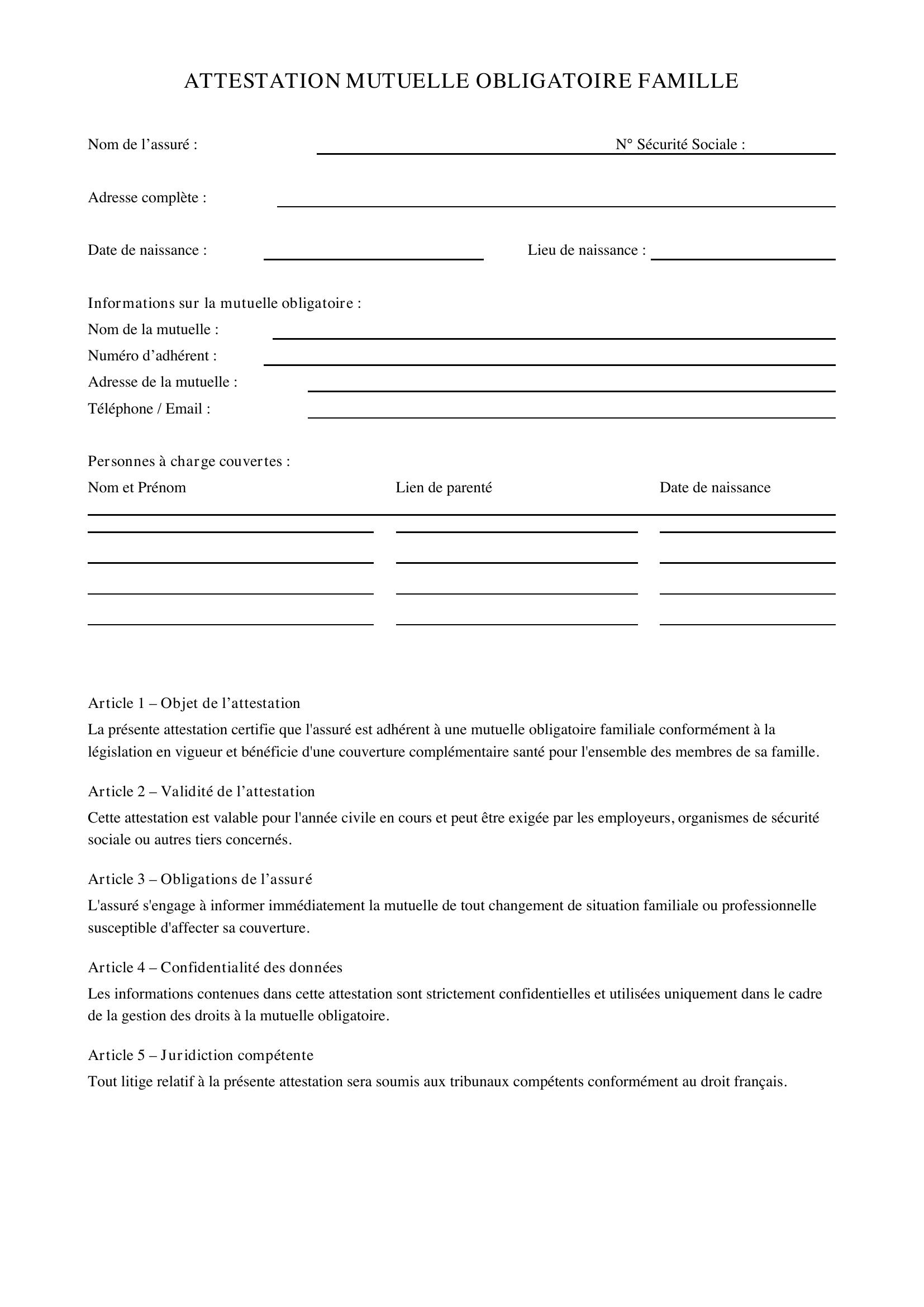 Modèle Attestation Mutuelle Obligatoire Famille