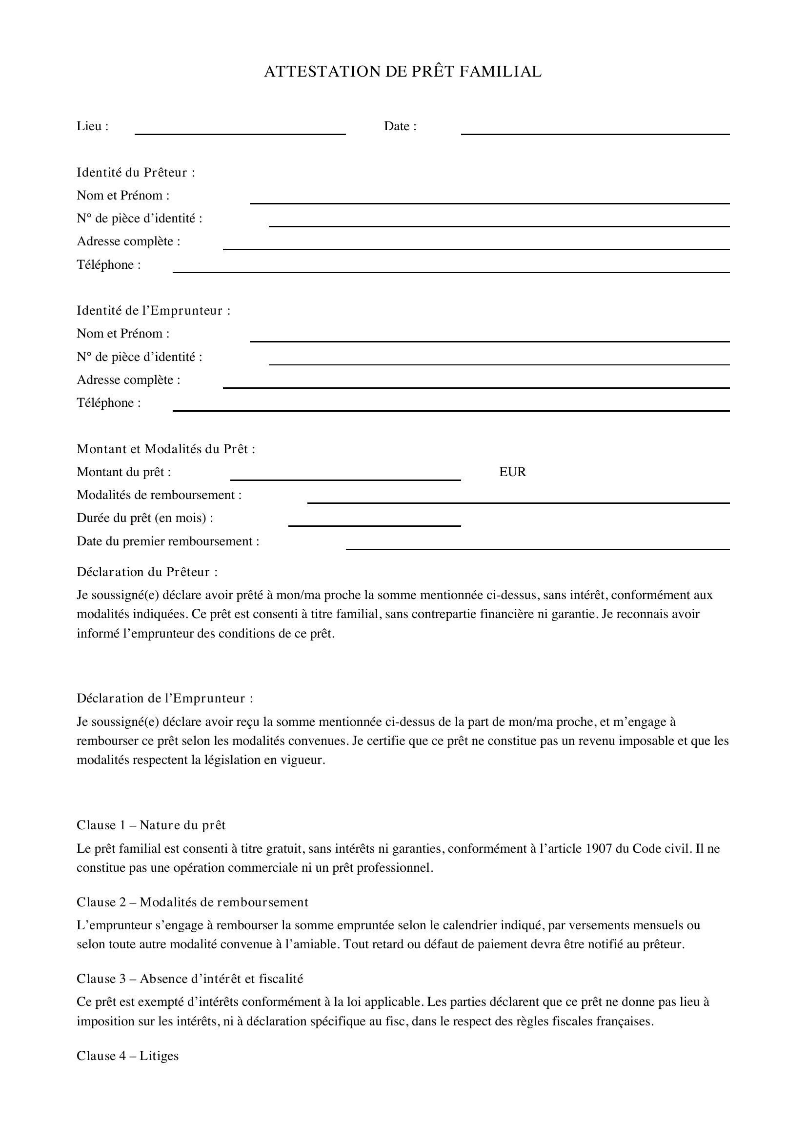 Modèle Attestation Prêt Familial