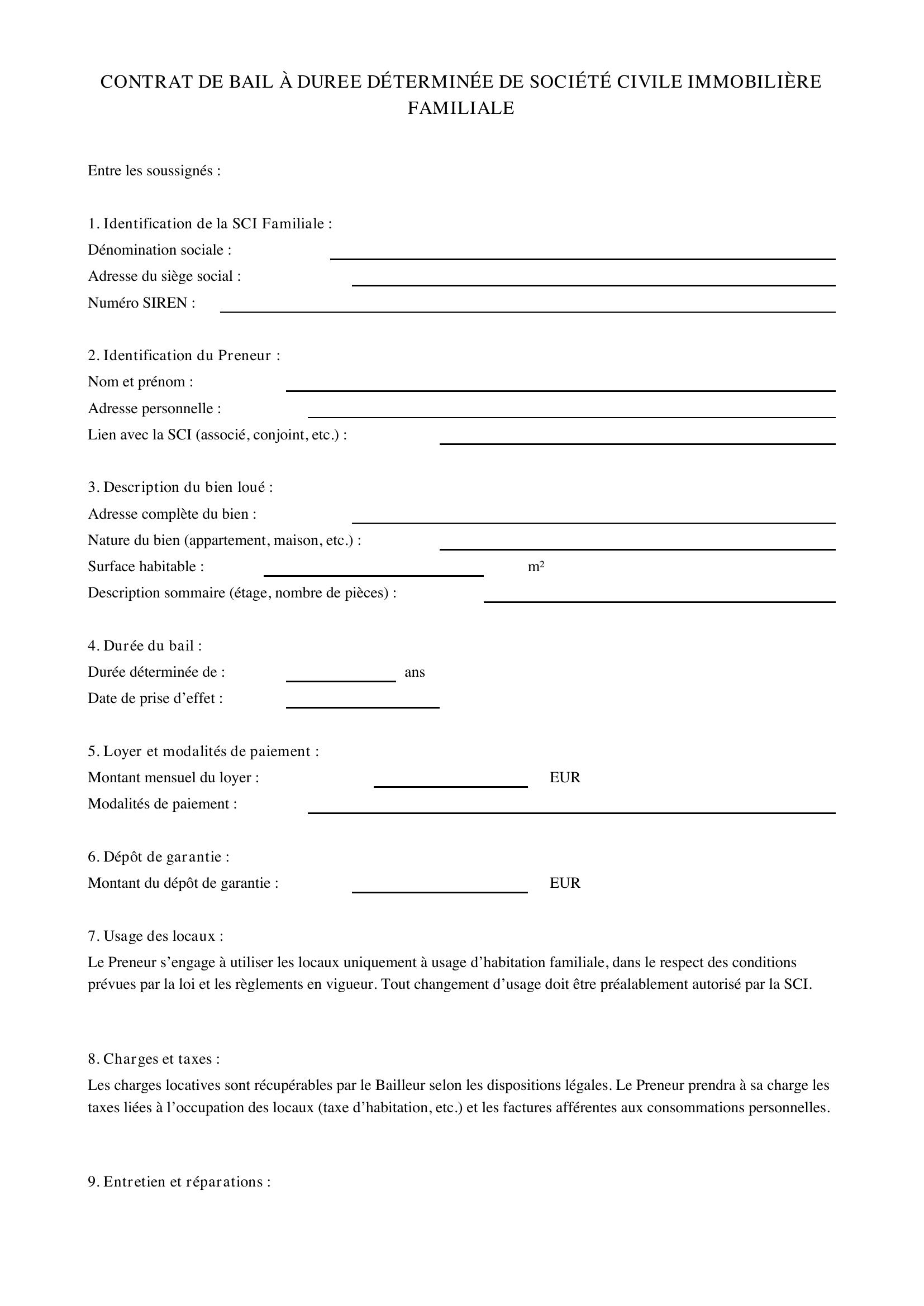 Modèle Bail Sci Familiale