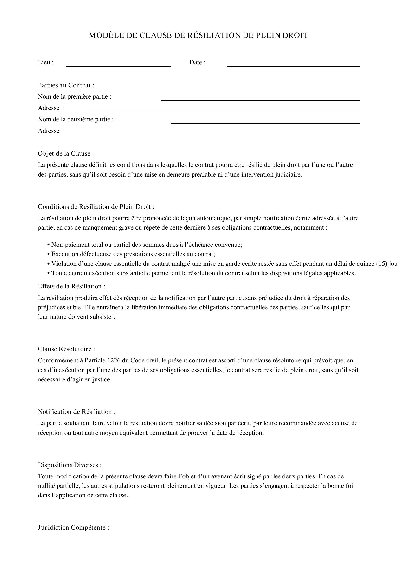 Modèle Clause De Résiliation De Plein Droit