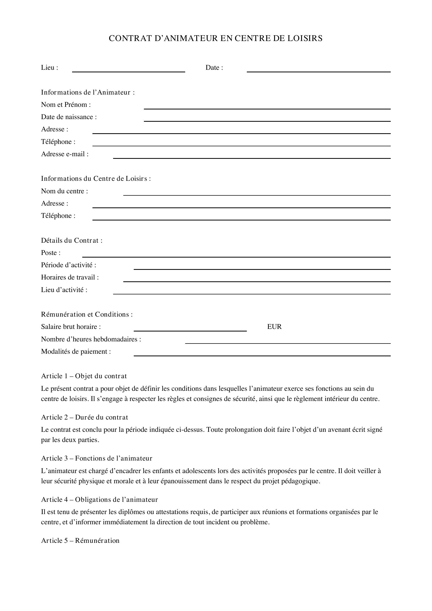 Modèle Contrat Animateur Centre Loisirs