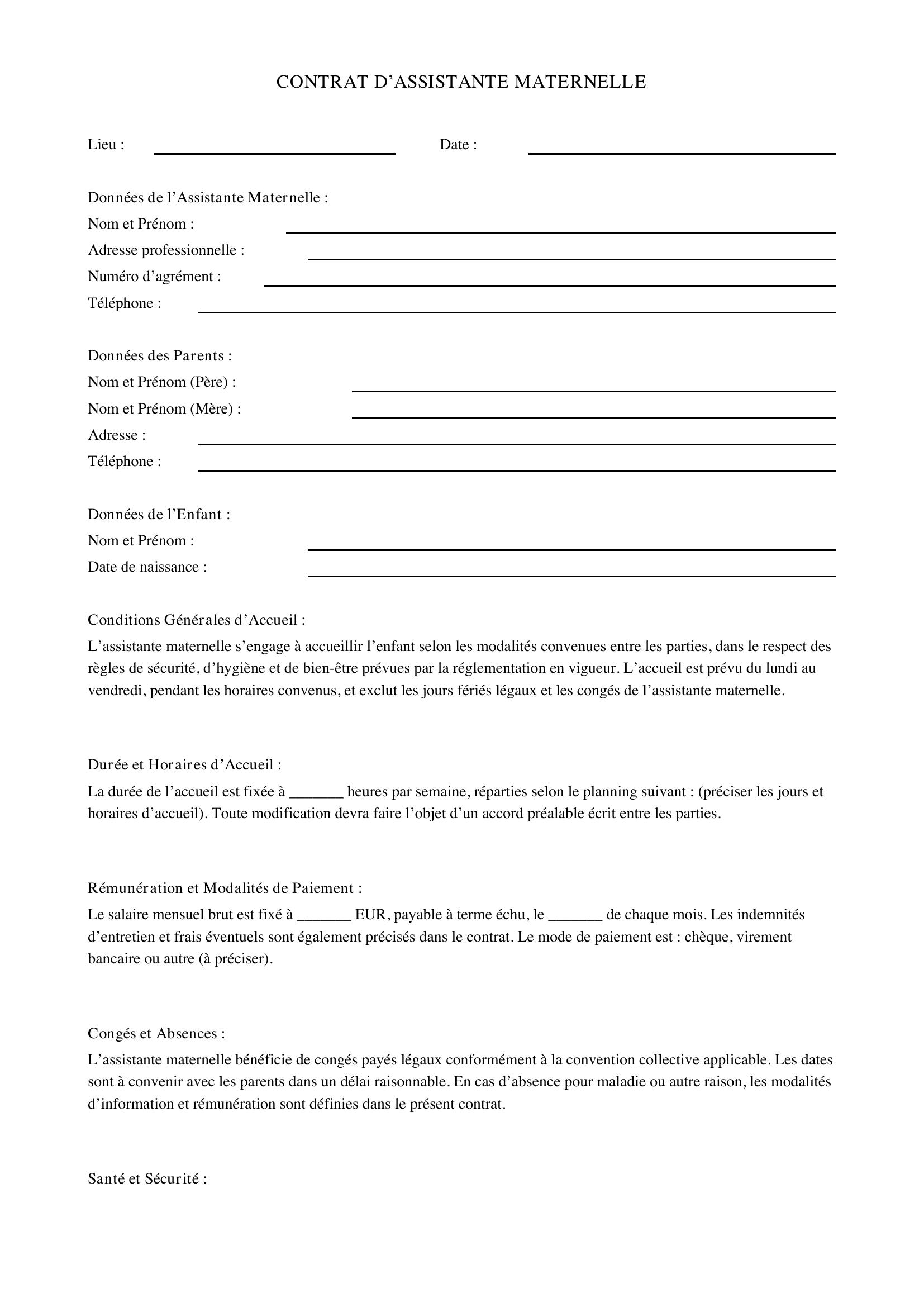 Modèle Contrat Assistante Maternelle
