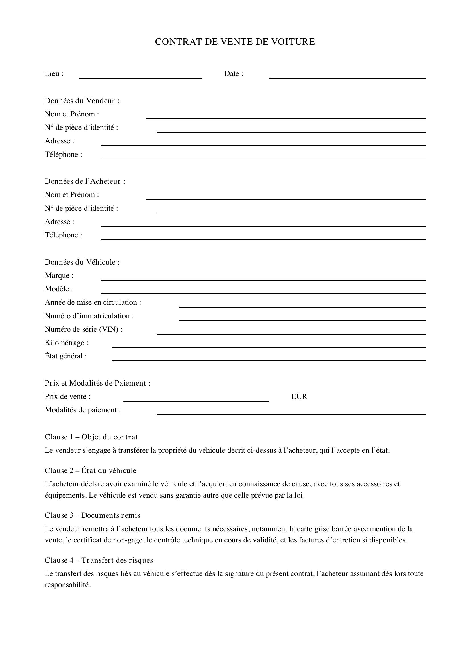 Modèle Contrat De Vente Voiture