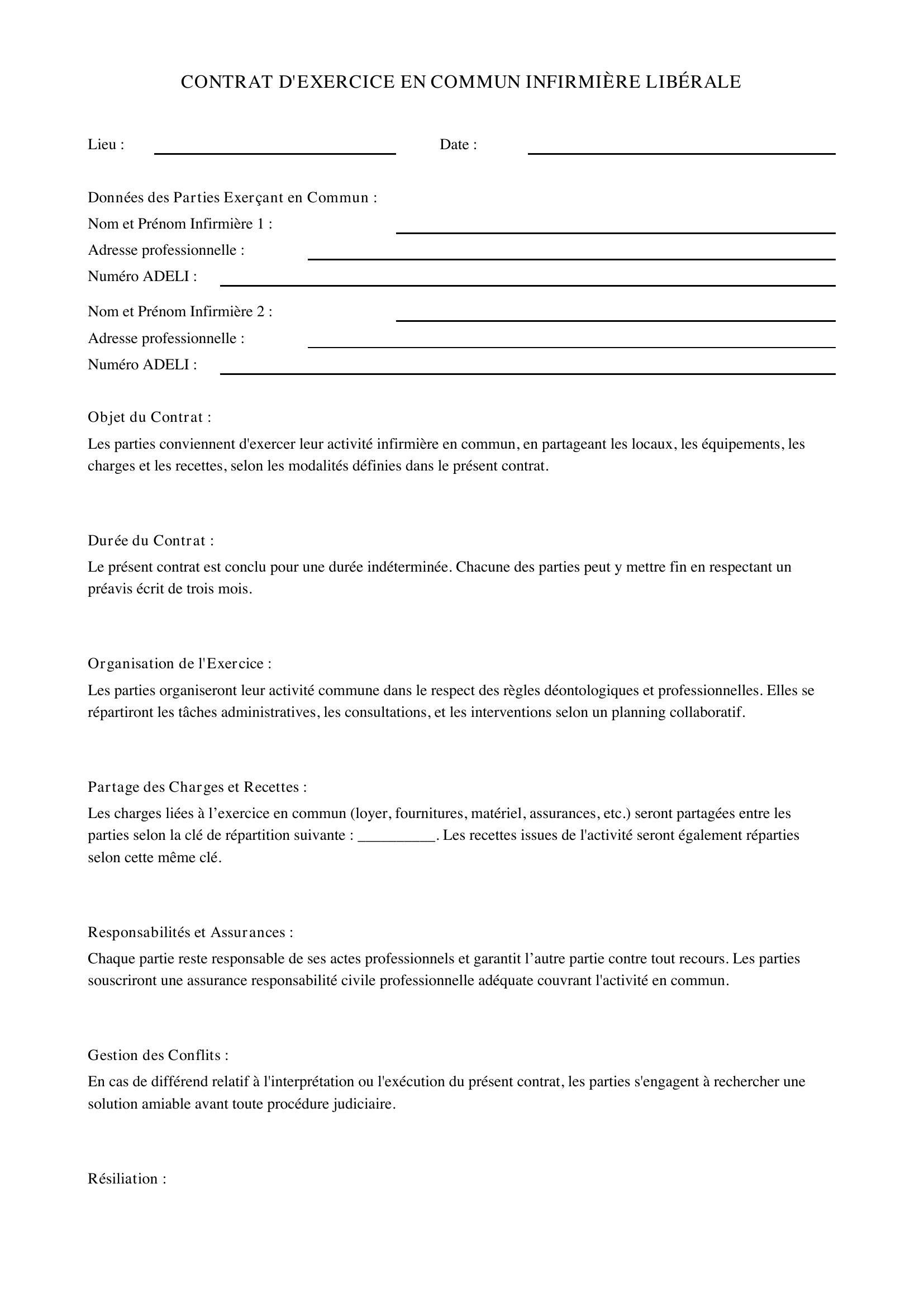 Modèle Contrat D'Exercice En Commun Infirmiere Liberale