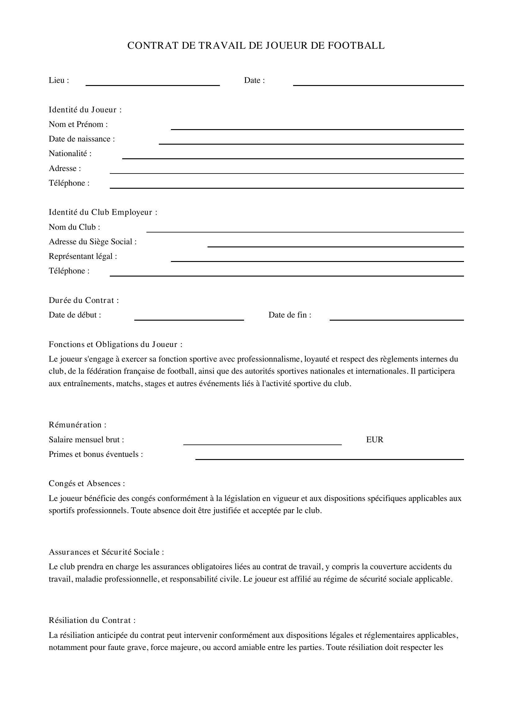 Modèle Contrat Joueur De Foot