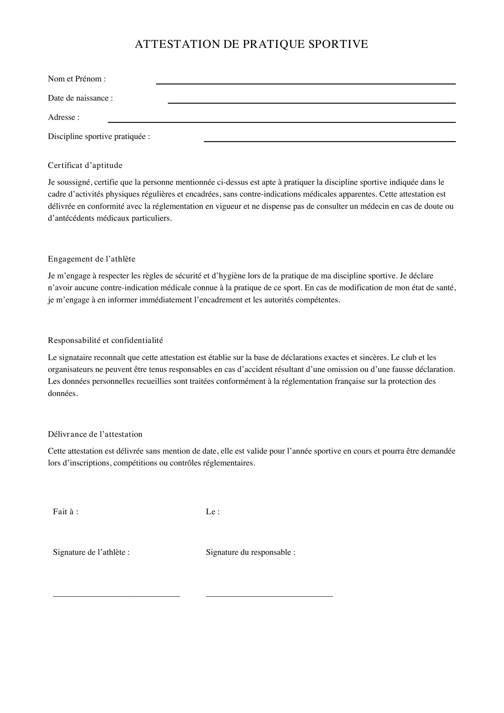 Modèle D'Attestation De Pratique Sportive