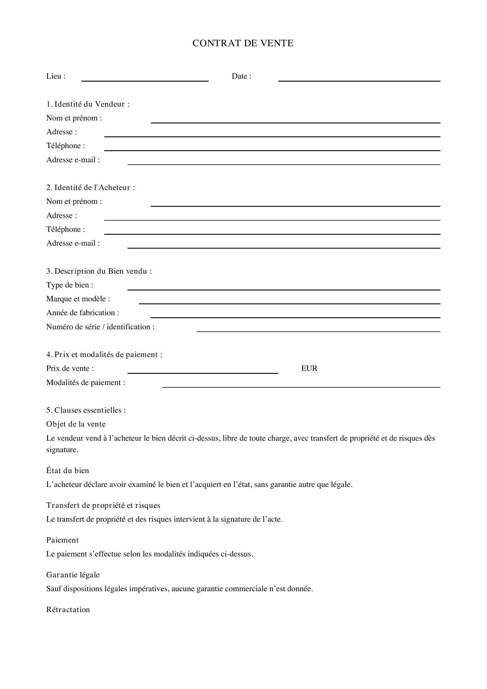 Modèle De Contrat De Vente