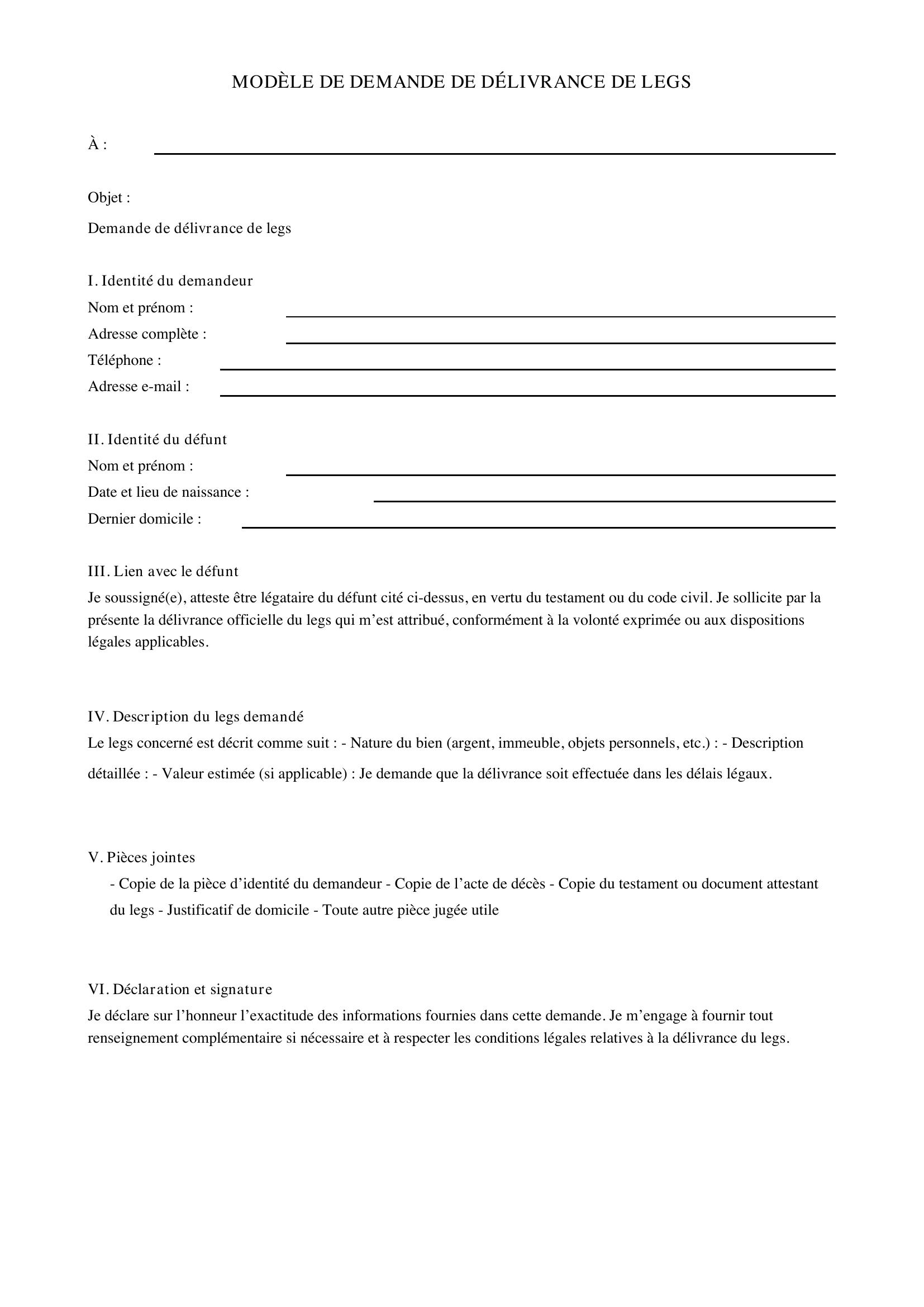 Modèle De Demande De Délivrance De Legs