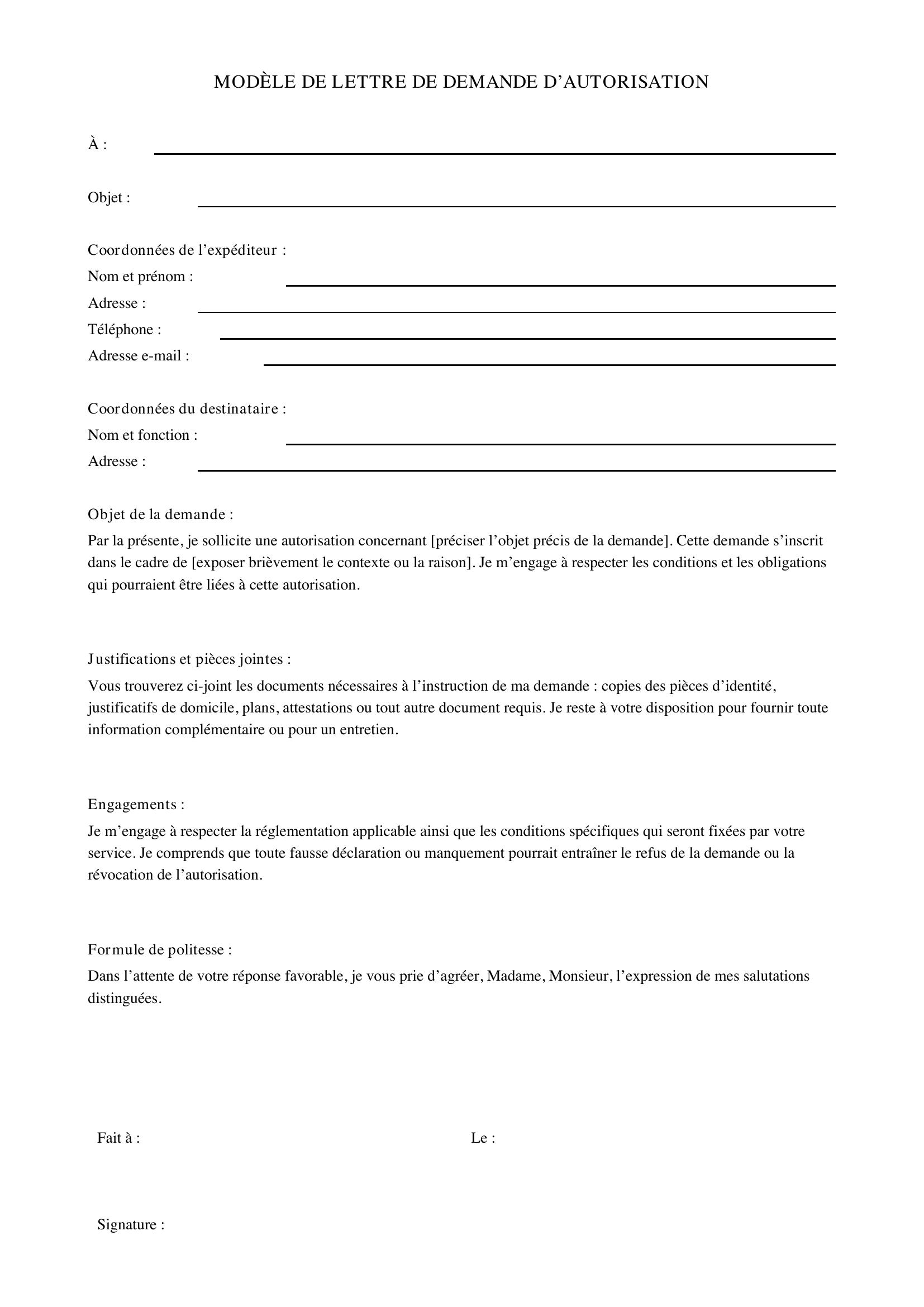 Modèle De Lettre De Demande D'Autorisation