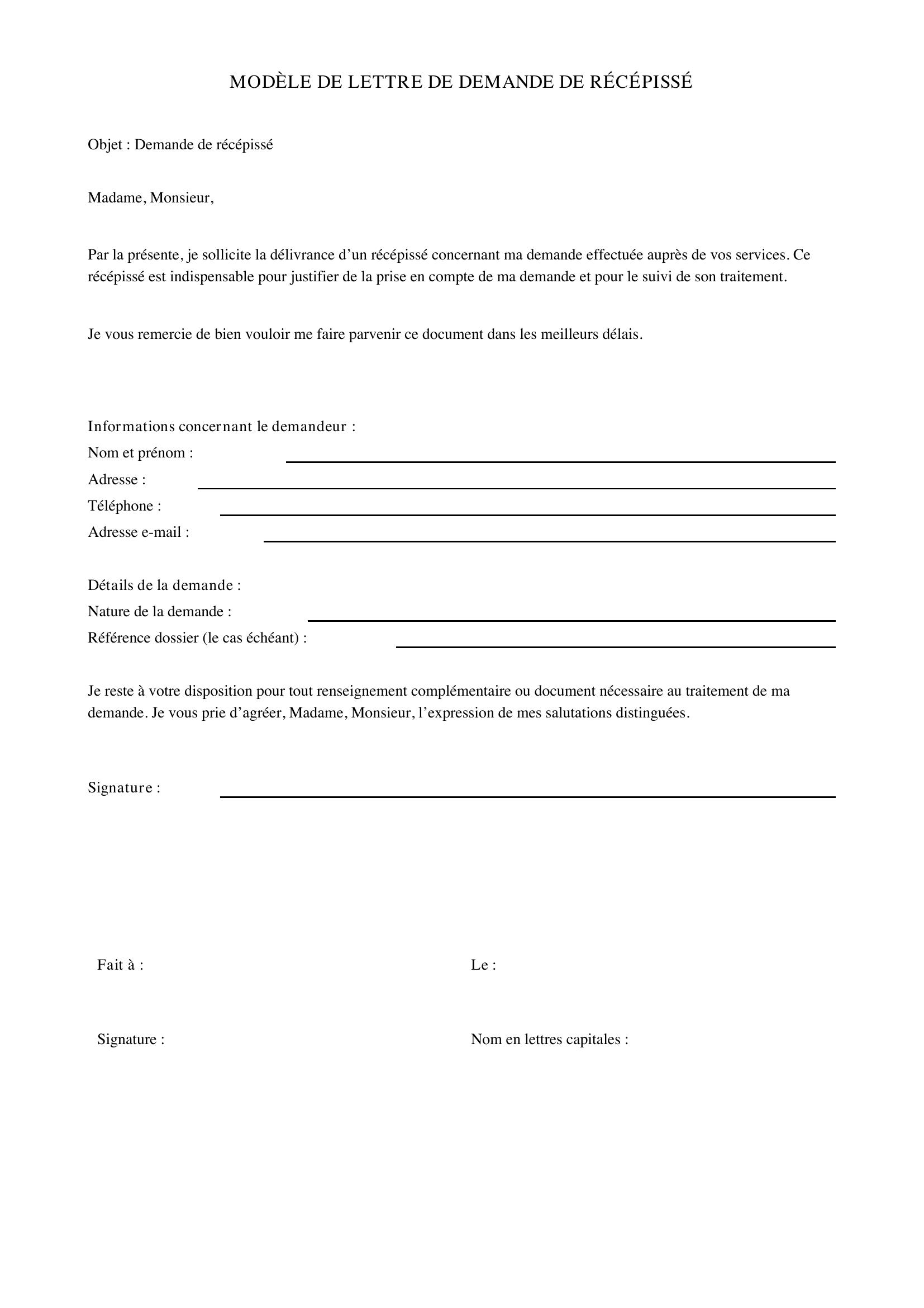 Modèle De Lettre De Demande De Récépissé