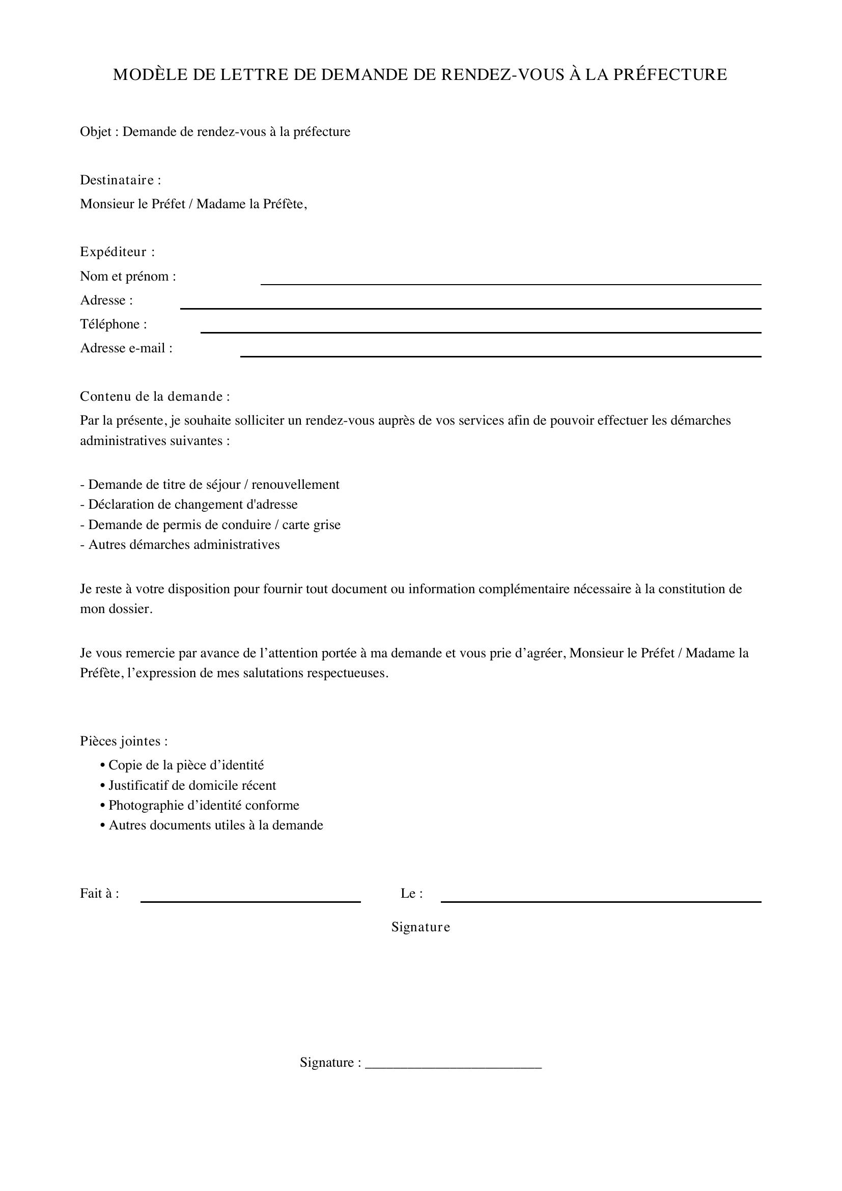 Modèle De Lettre De Demande De Rendez-Vous À La Préfecture