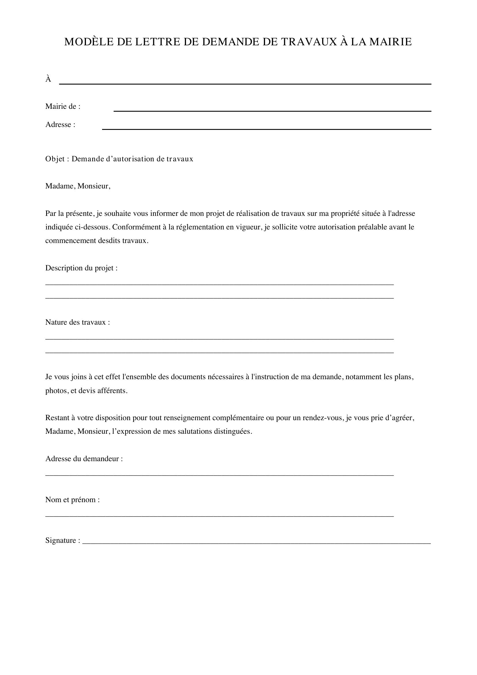 Modèle De Lettre De Demande De Travaux À La Mairie