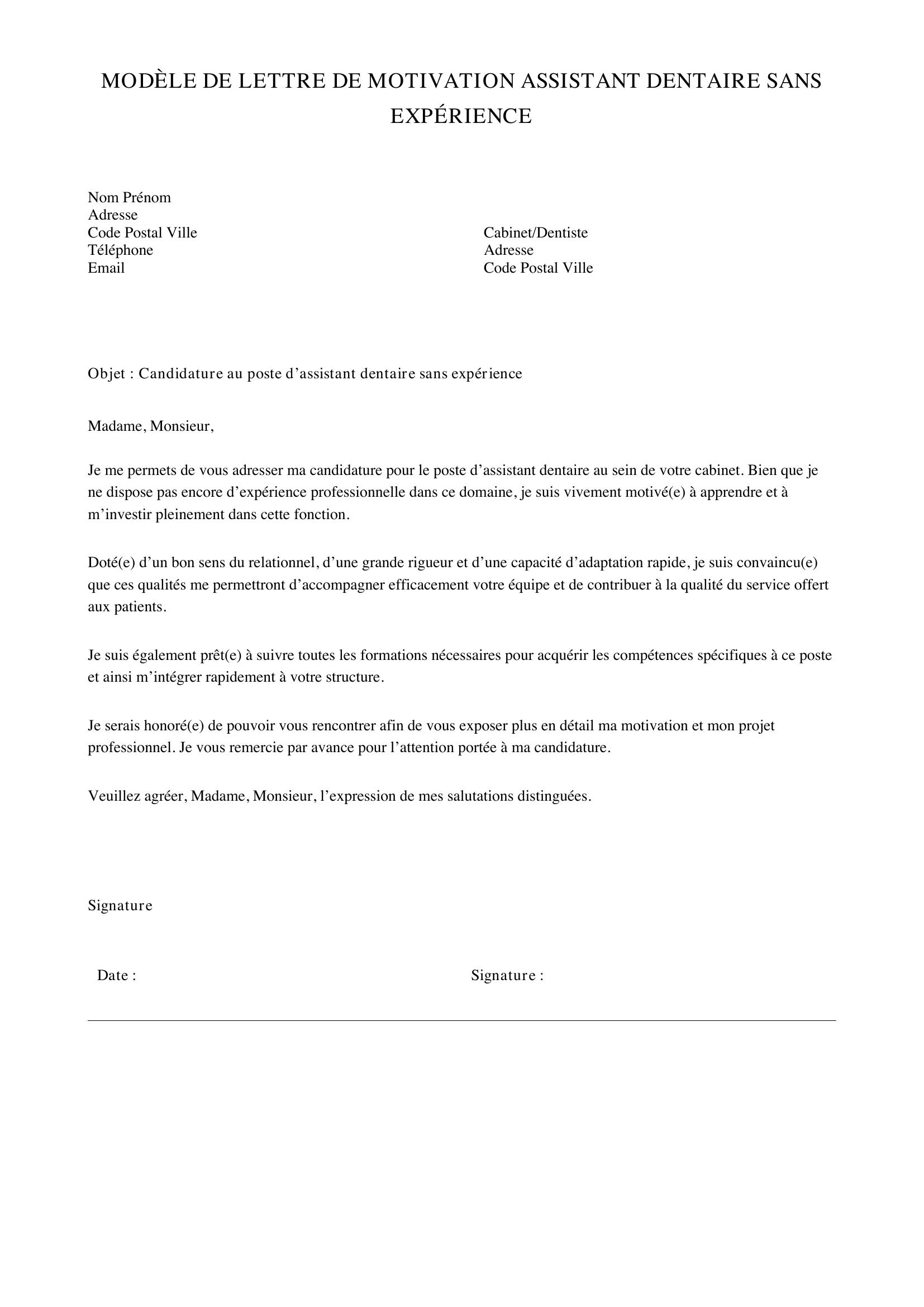 Modèle De Lettre De Motivation Assistant Dentaire Sans Expérience
