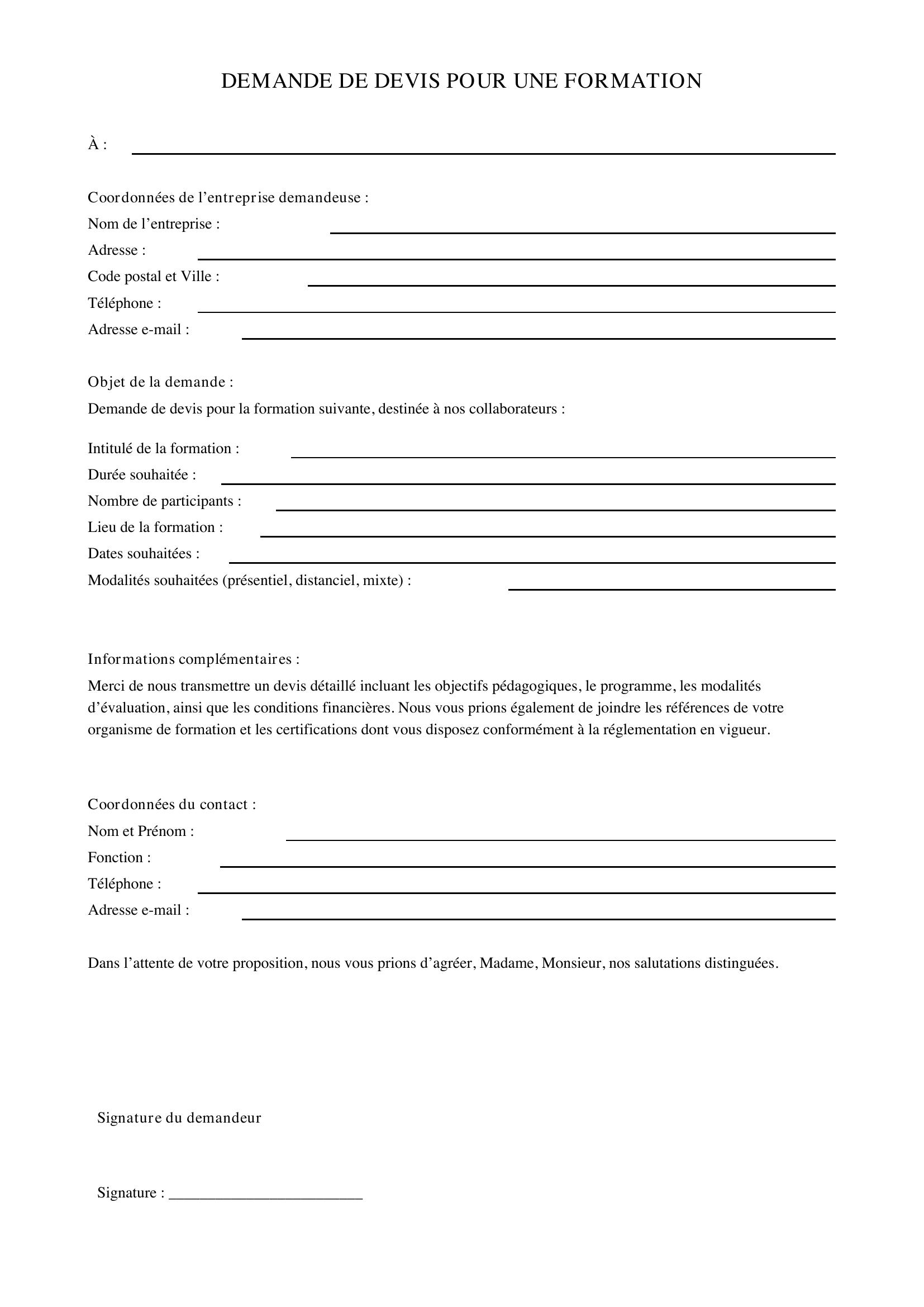 Modèle De Lettre Demande De Devis Pour Une Formation
