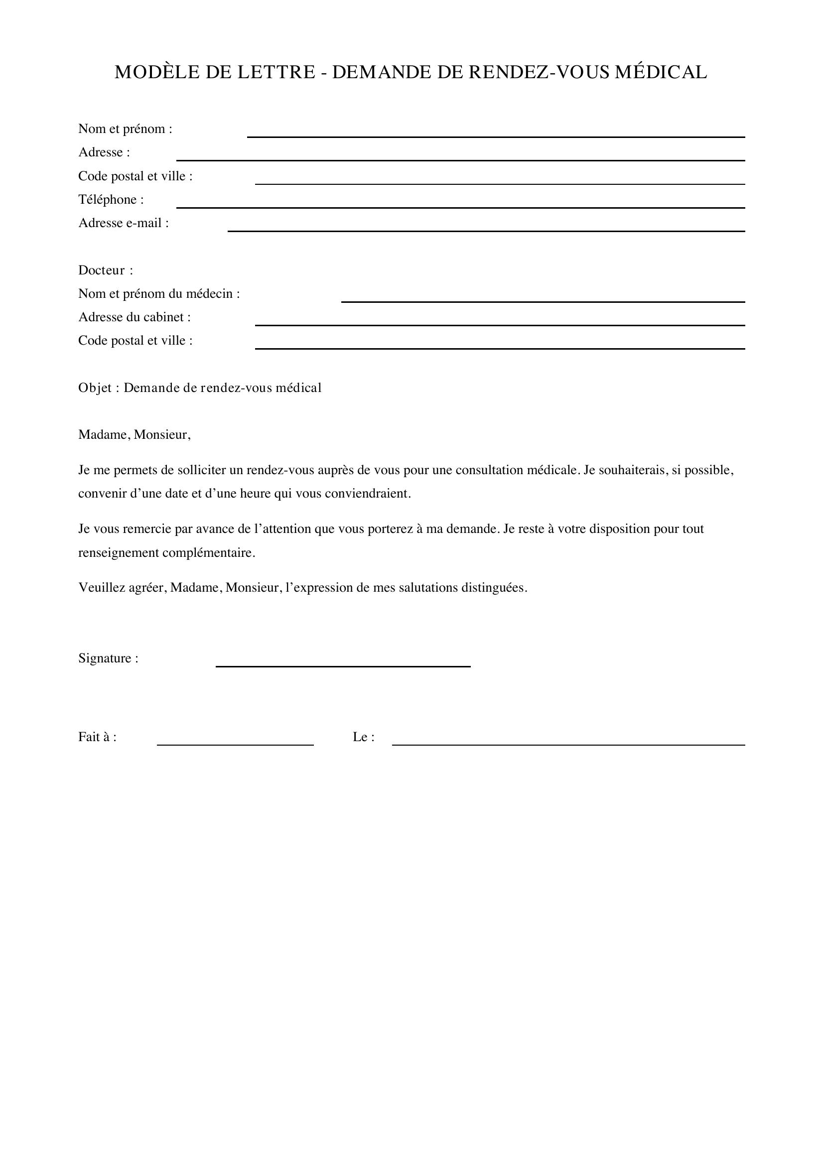 Modèle De Lettre Demande De Rendez-Vous Médical