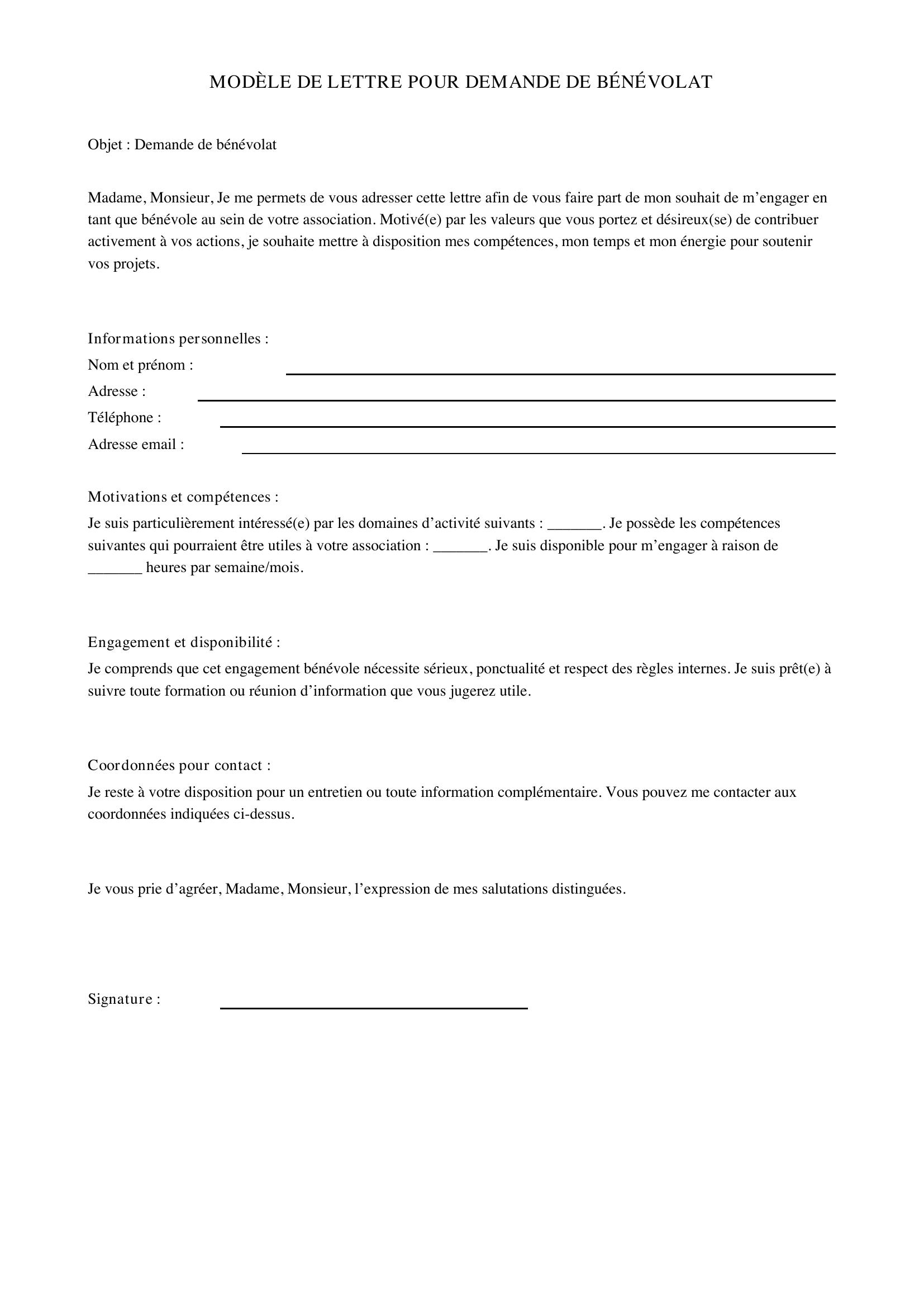 Modèle De Lettre Pour Demande De Bénévolat