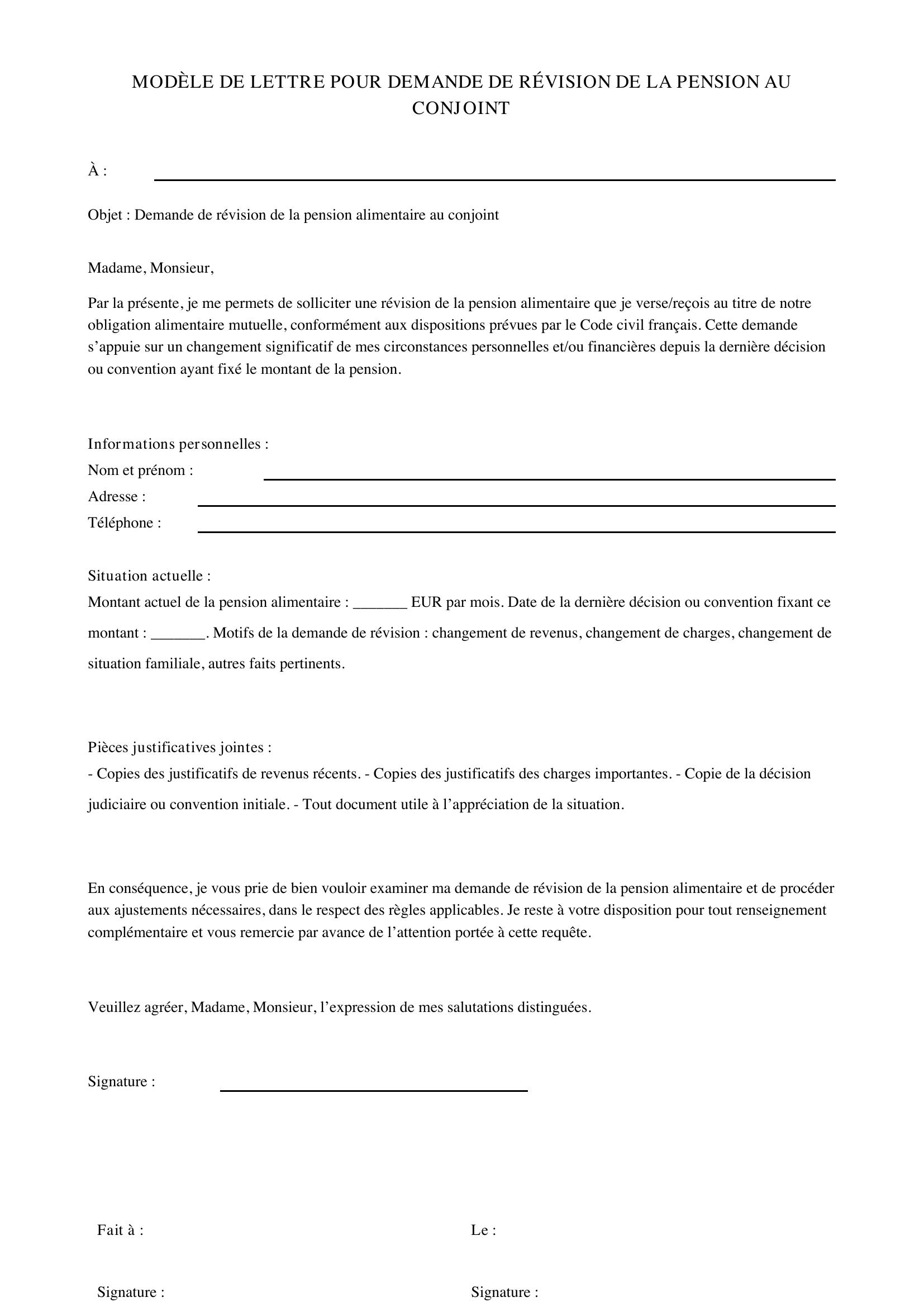 Modèle De Lettre Pour Demande De Révision De La Pension Au Conjoint