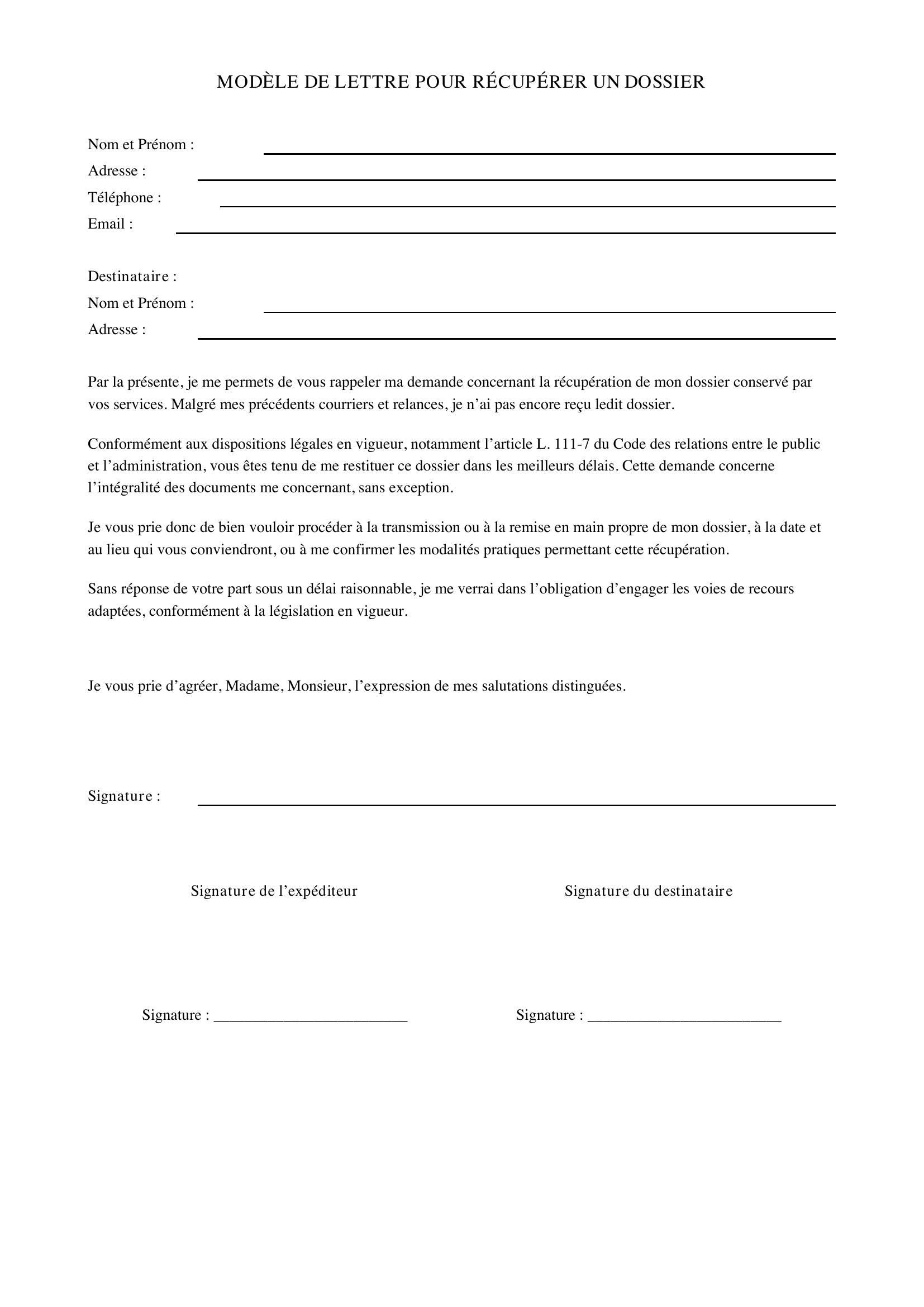 Modèle De Lettre Pour Récupérer Un Dossier