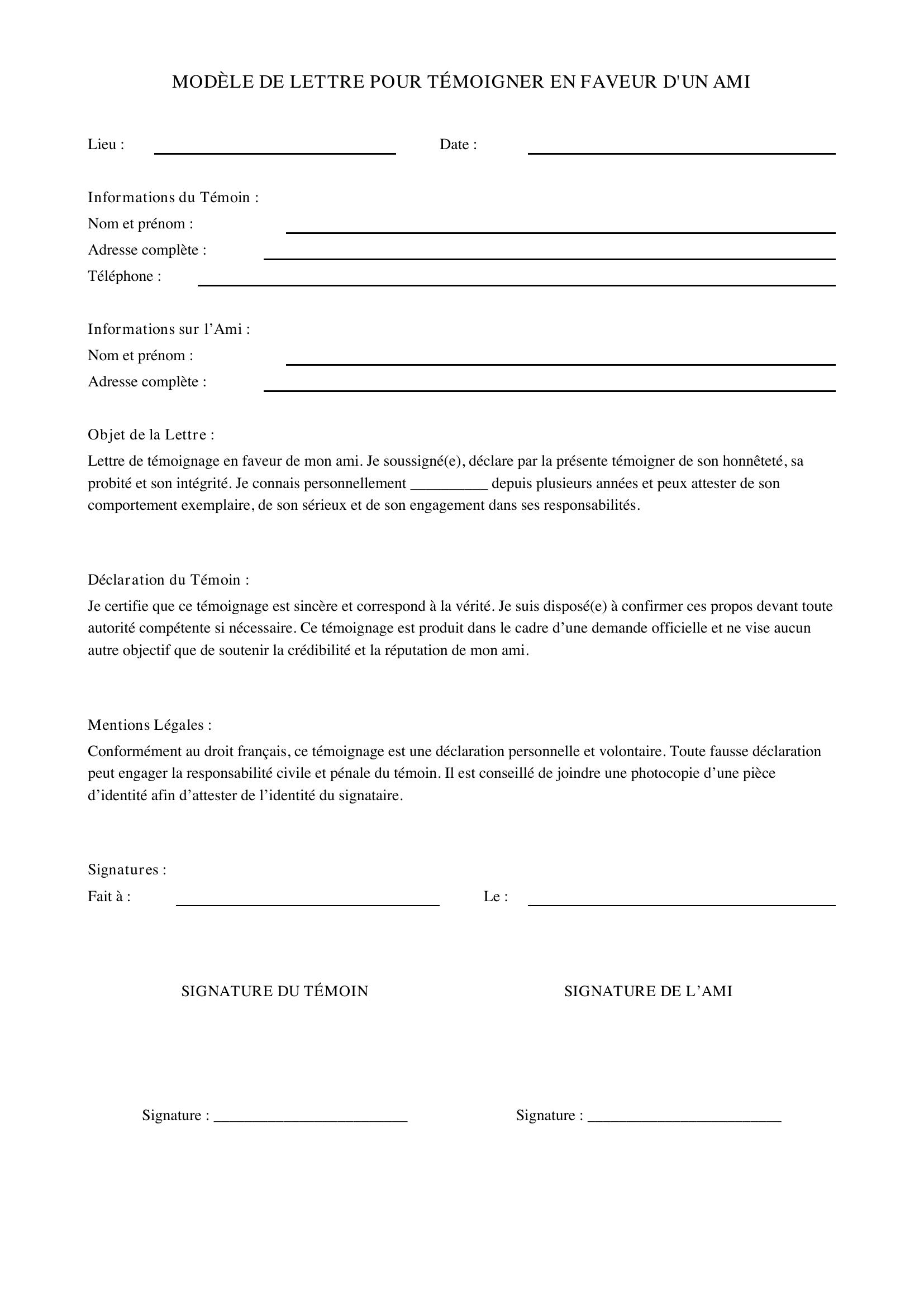 Modèle De Lettre Pour Témoigner En Faveur D'Un Ami