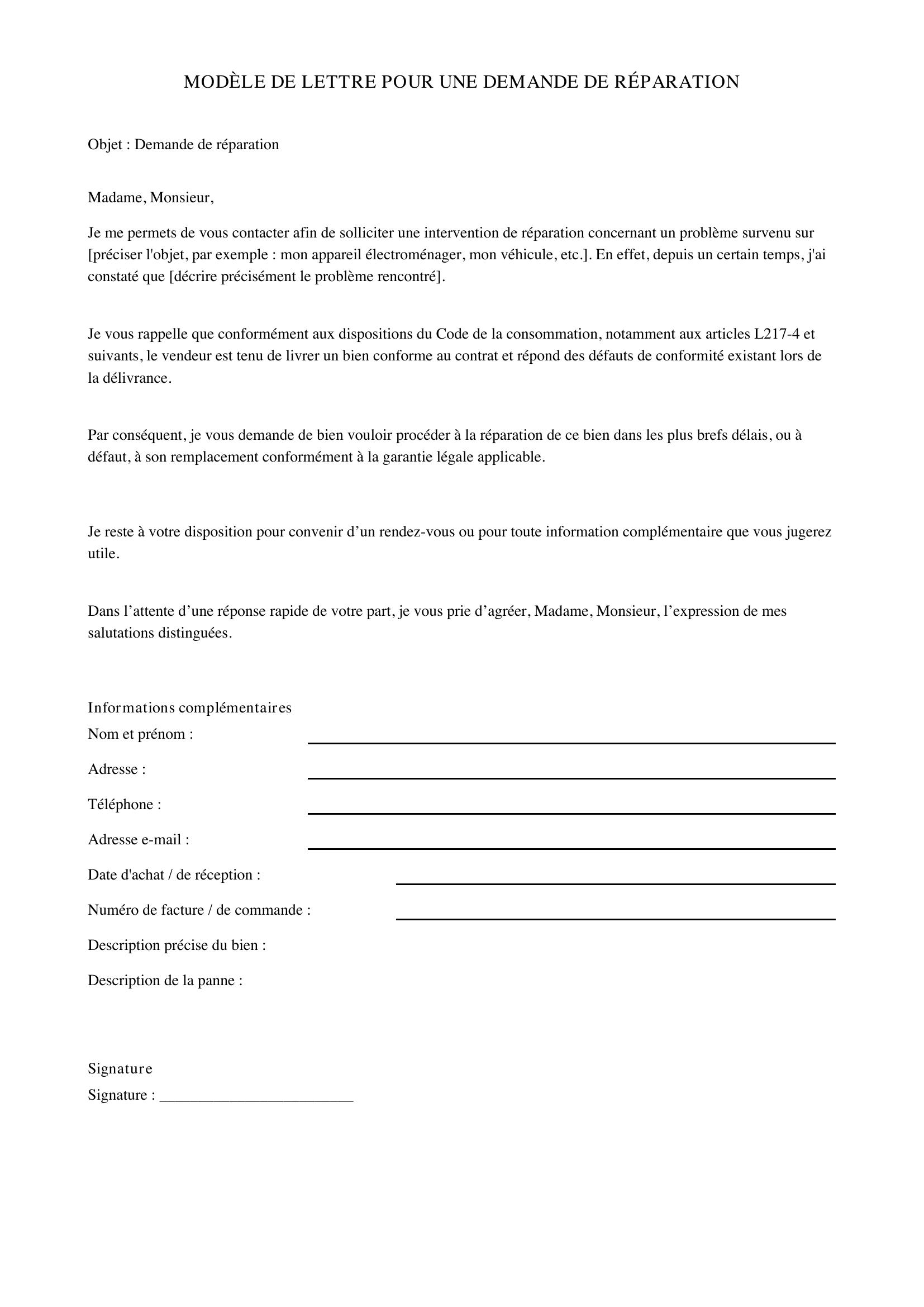Modèle De Lettre Pour Une Demande De Réparation