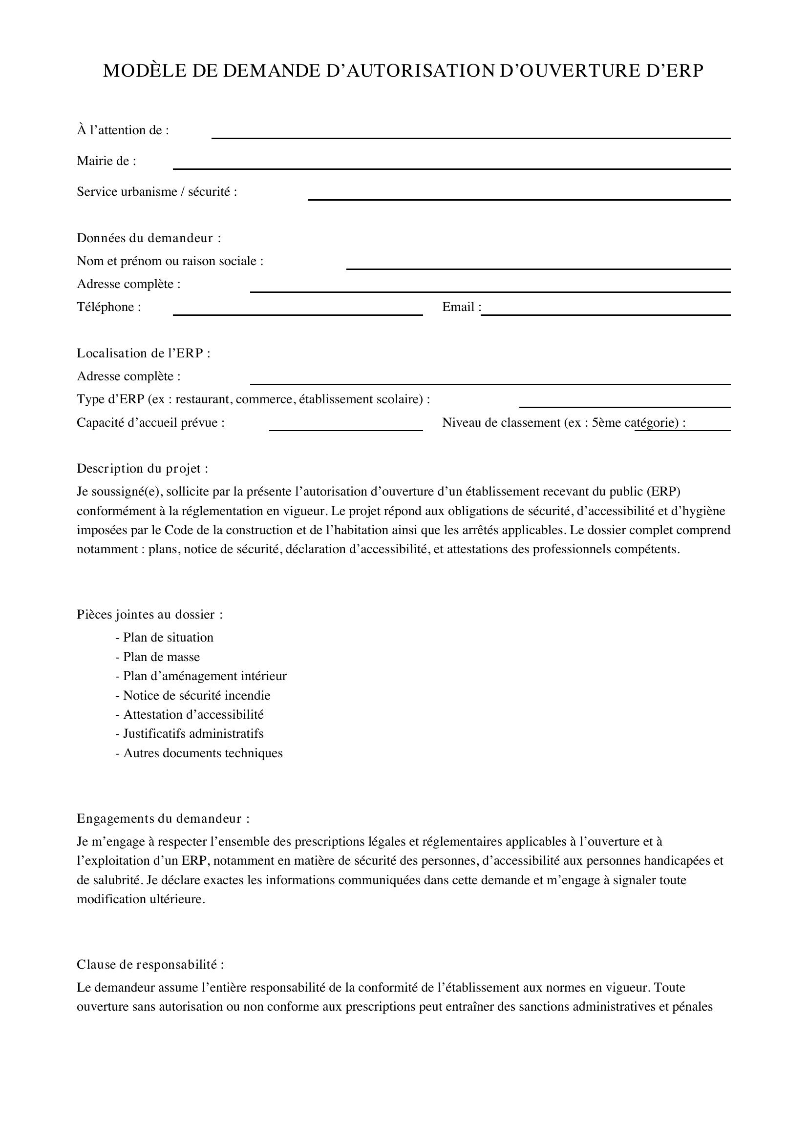 Modèle Demande Autorisation Ouverture Erp