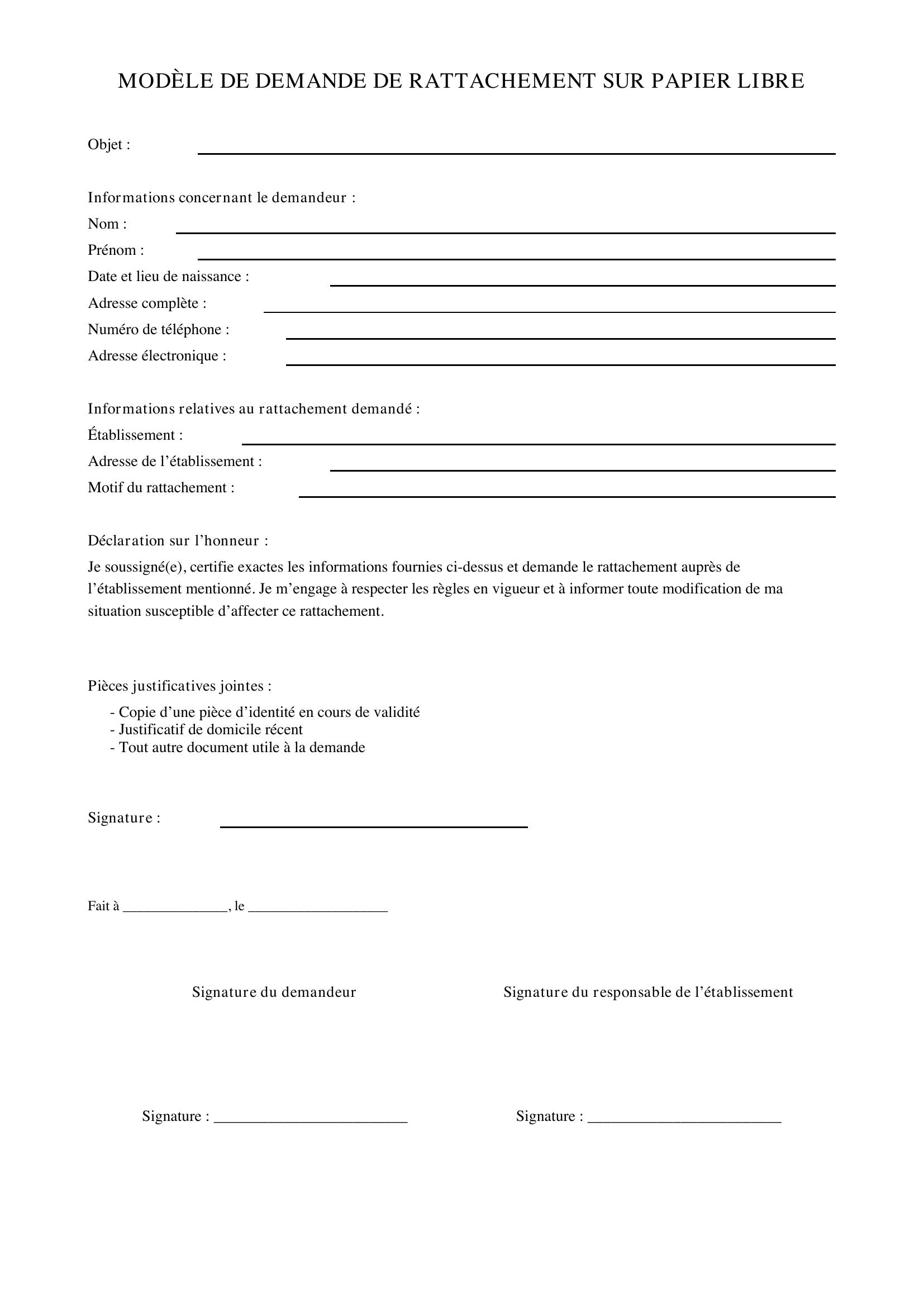 Modèle Demande De Rattachement Sur Papier Libre