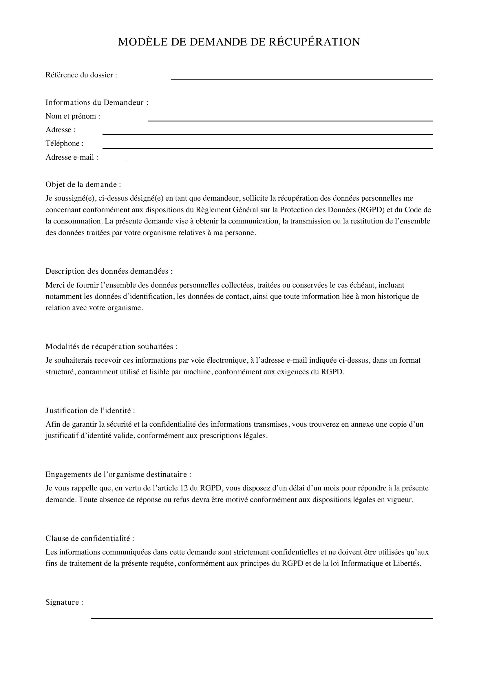 Modèle Demande De Récupération