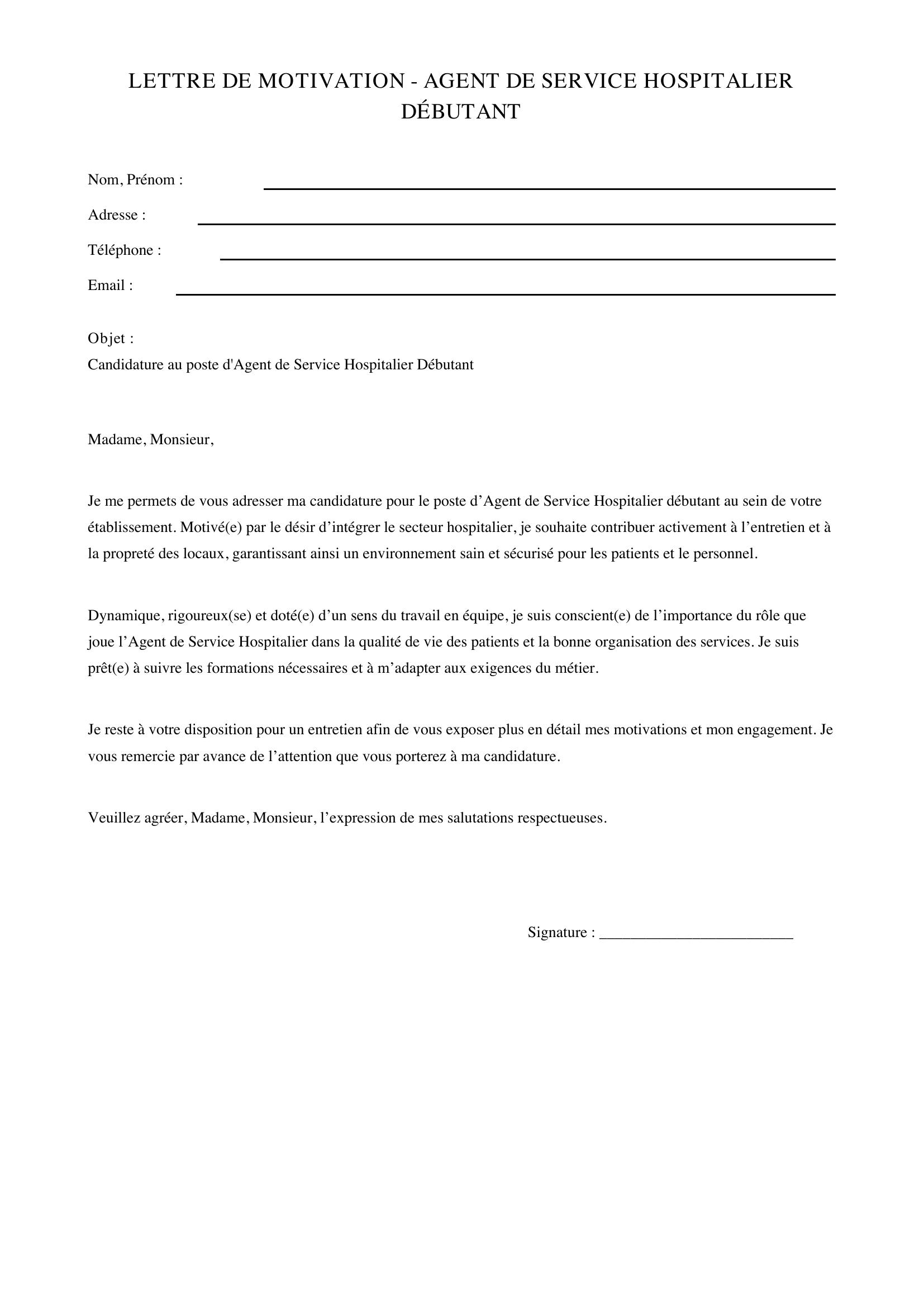 Modèle Lettre De Motivation Agent De Service Hospitalier Débutant
