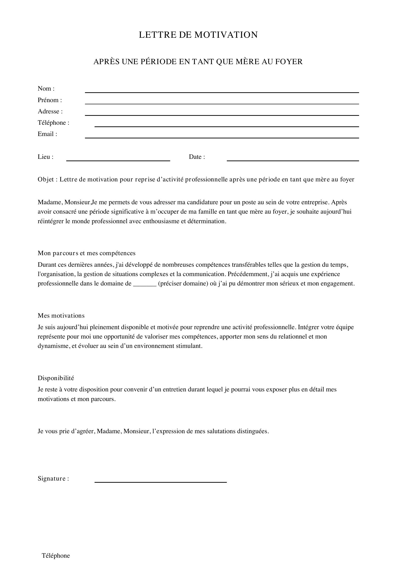 Modèle Lettre De Motivation Après Avoir Été Mère Au Foyer