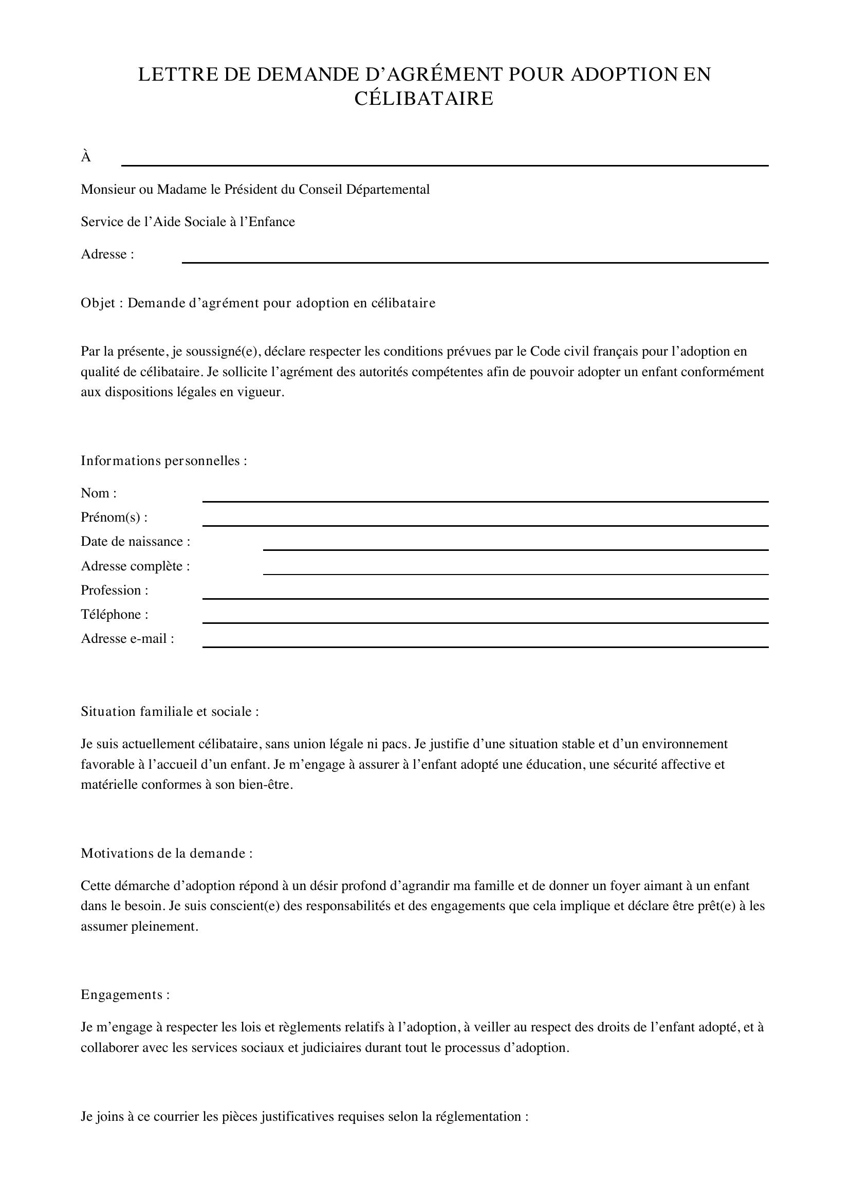 Modèle Lettre Demande Agrément Adoption Célibataire