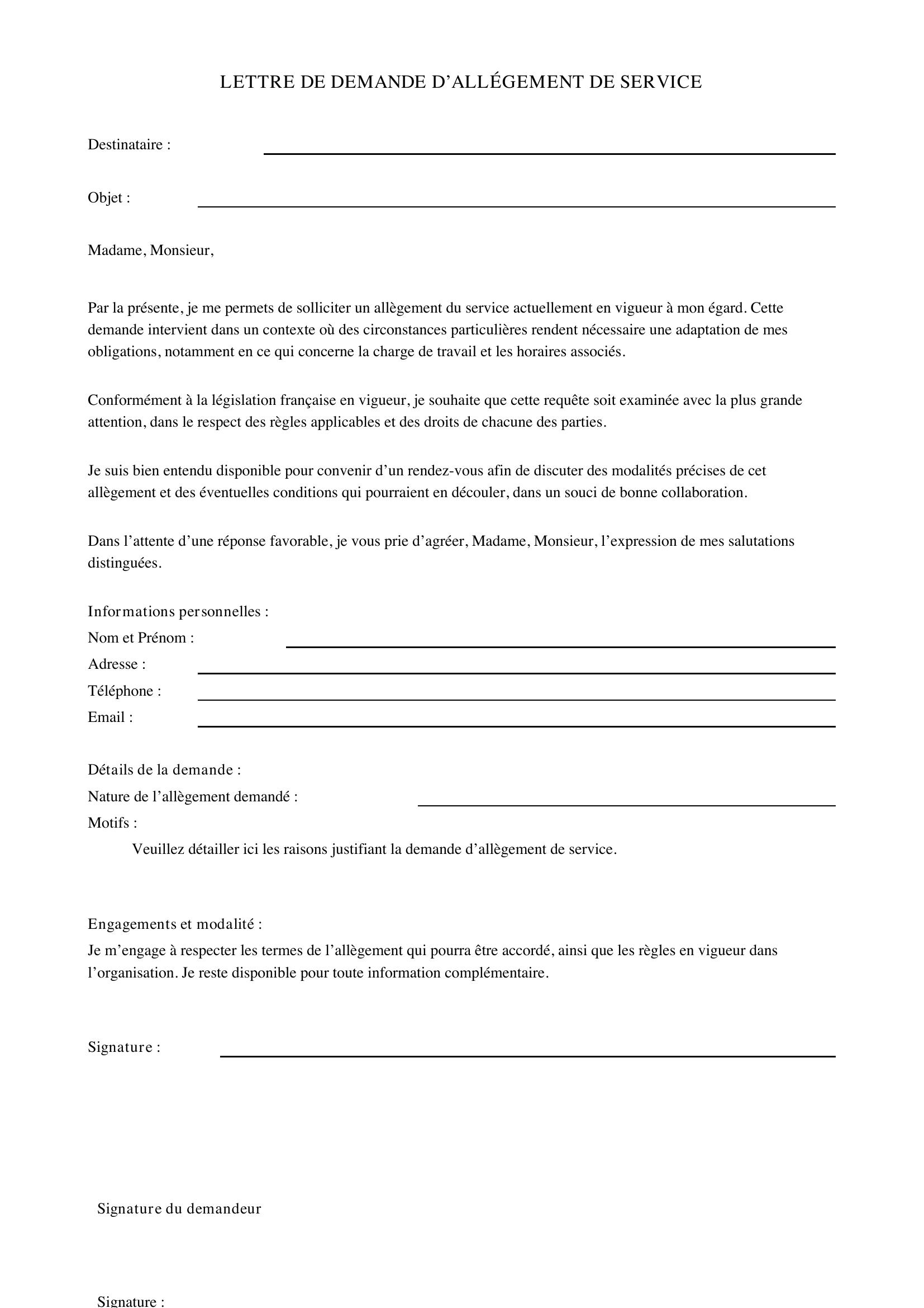 Modèle Lettre Demande Allègement De Service