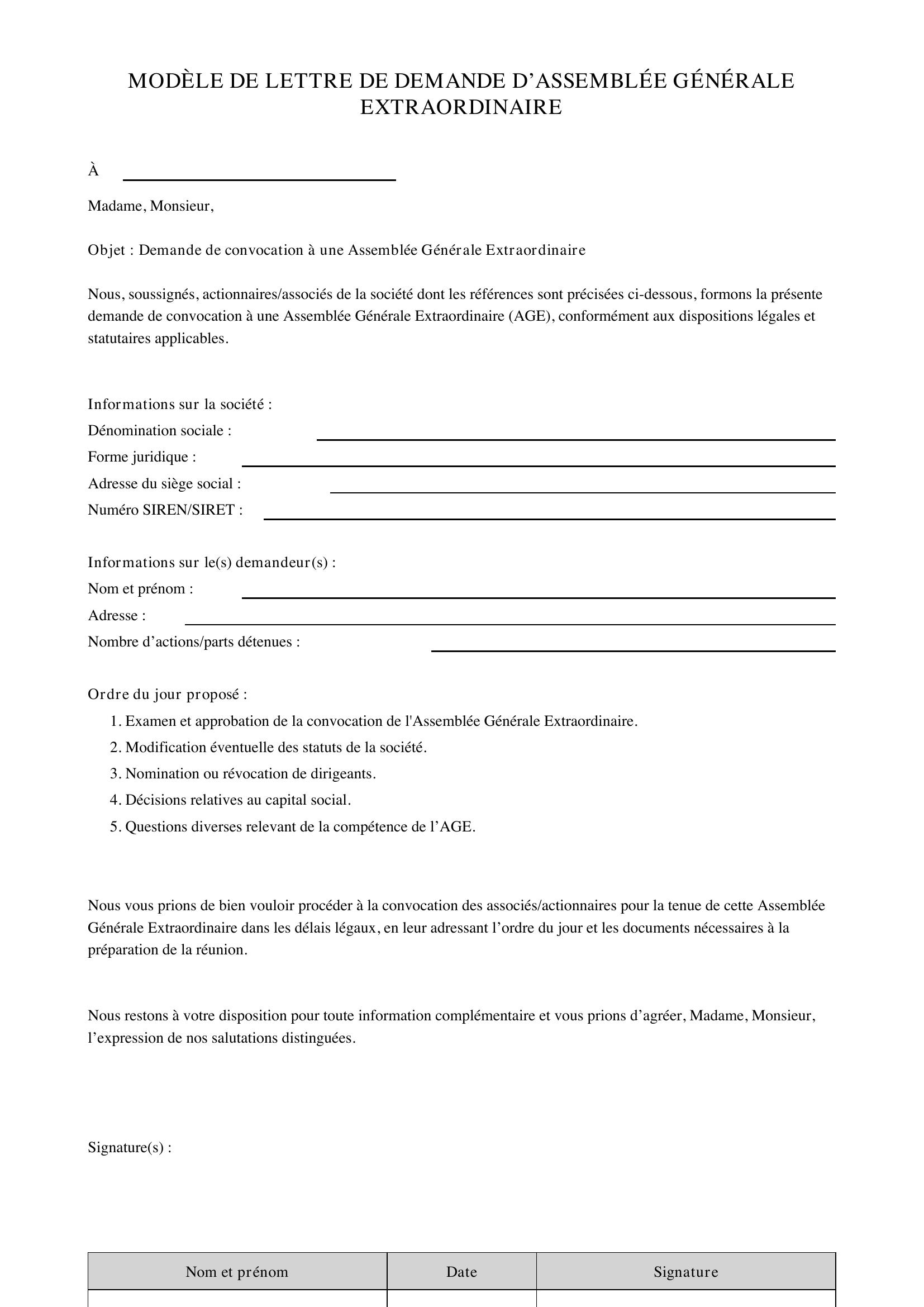 Modèle Lettre Demande Assemblée Générale Extraordinaire