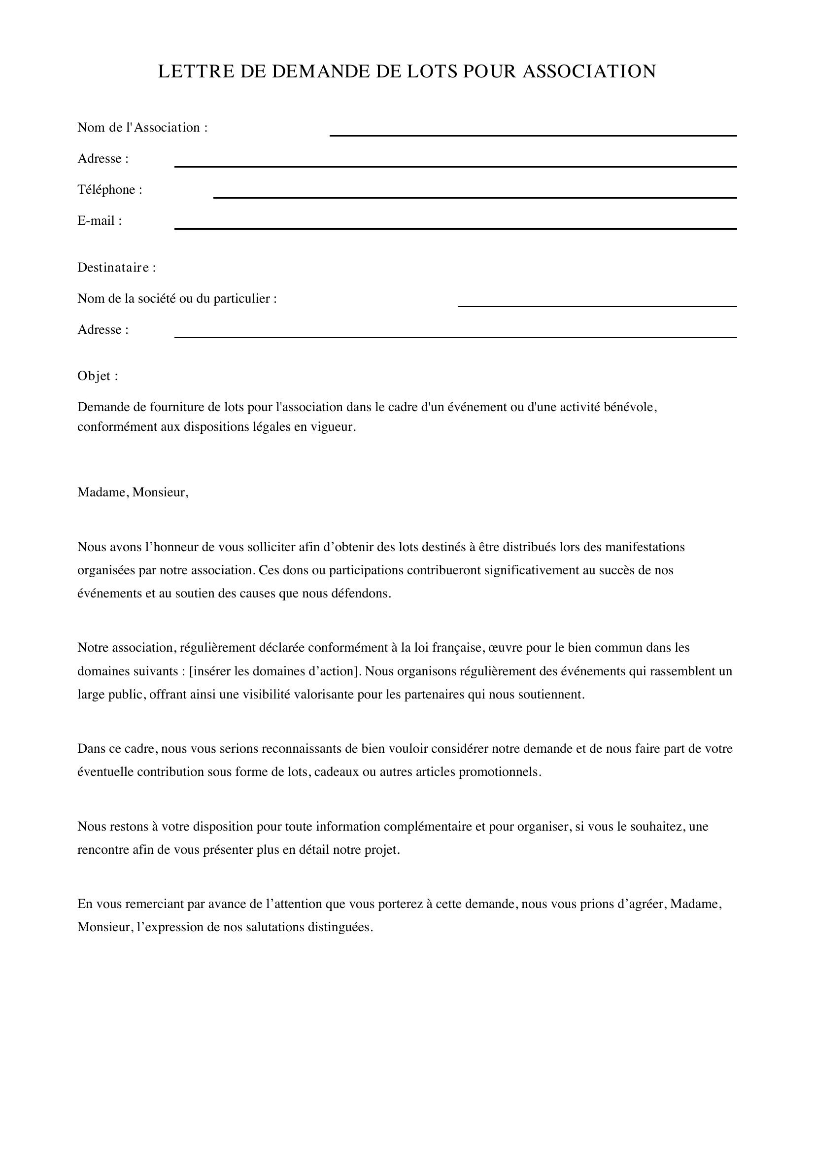 Modèle Lettre Demande De Lots Pour Association