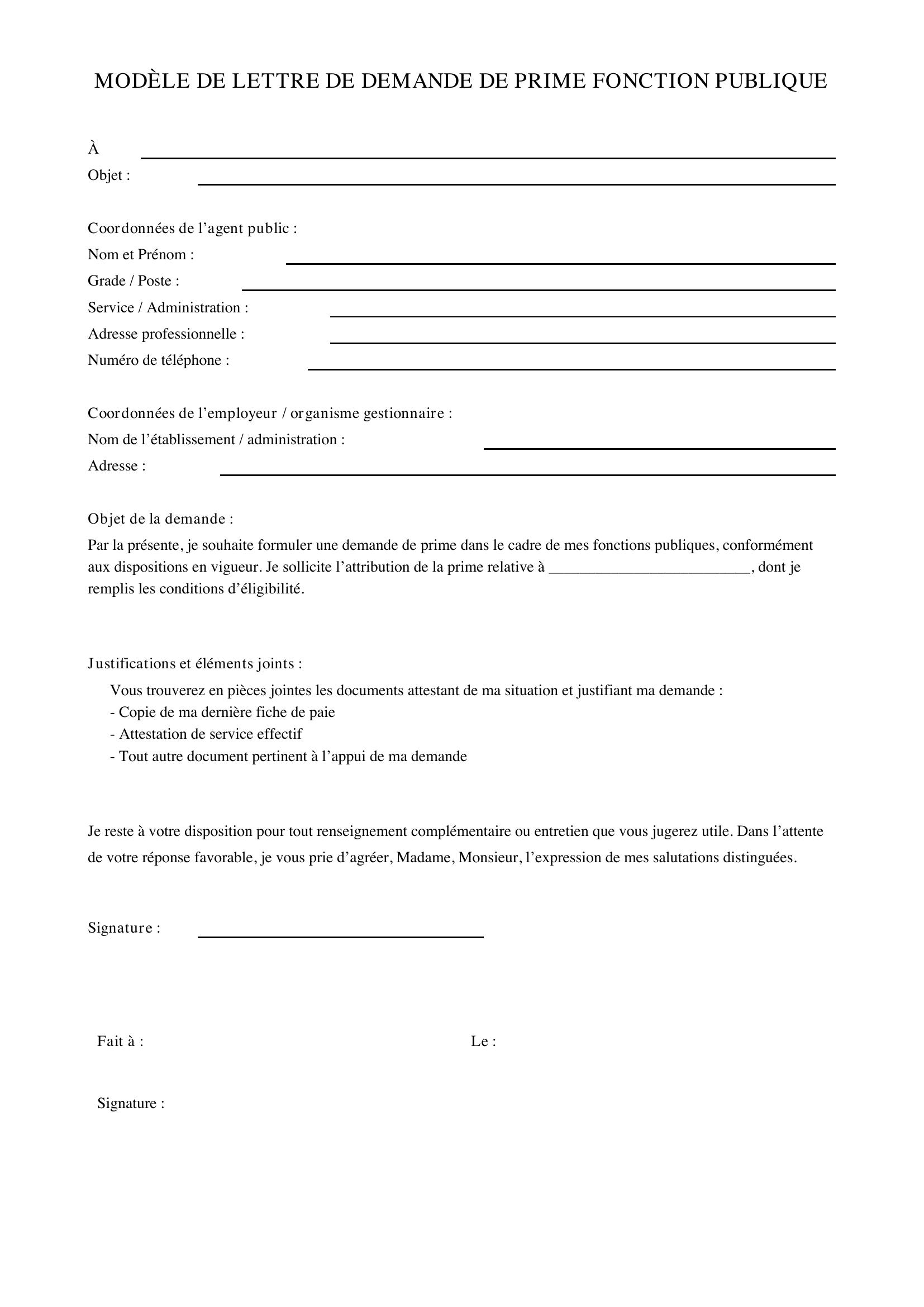 Modèle Lettre Demande De Prime Fonction Publique