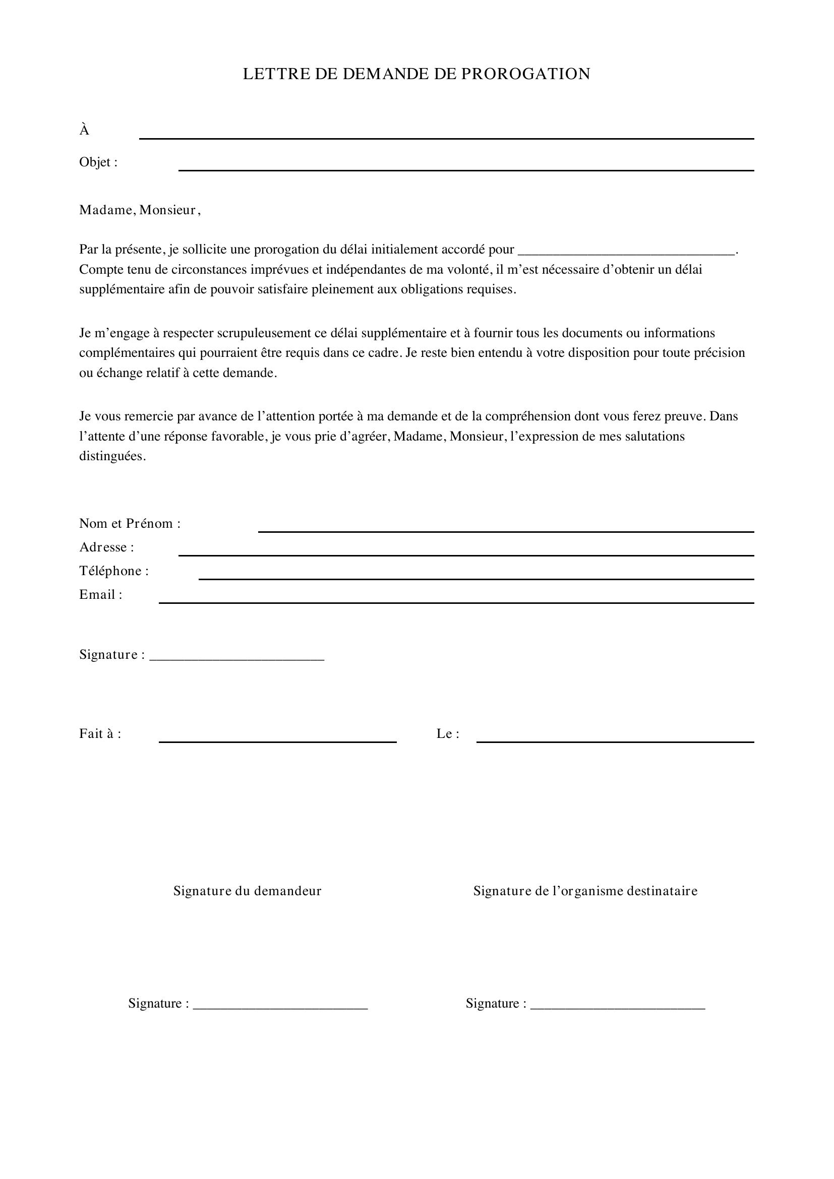 Modèle Lettre Demande De Prorogation