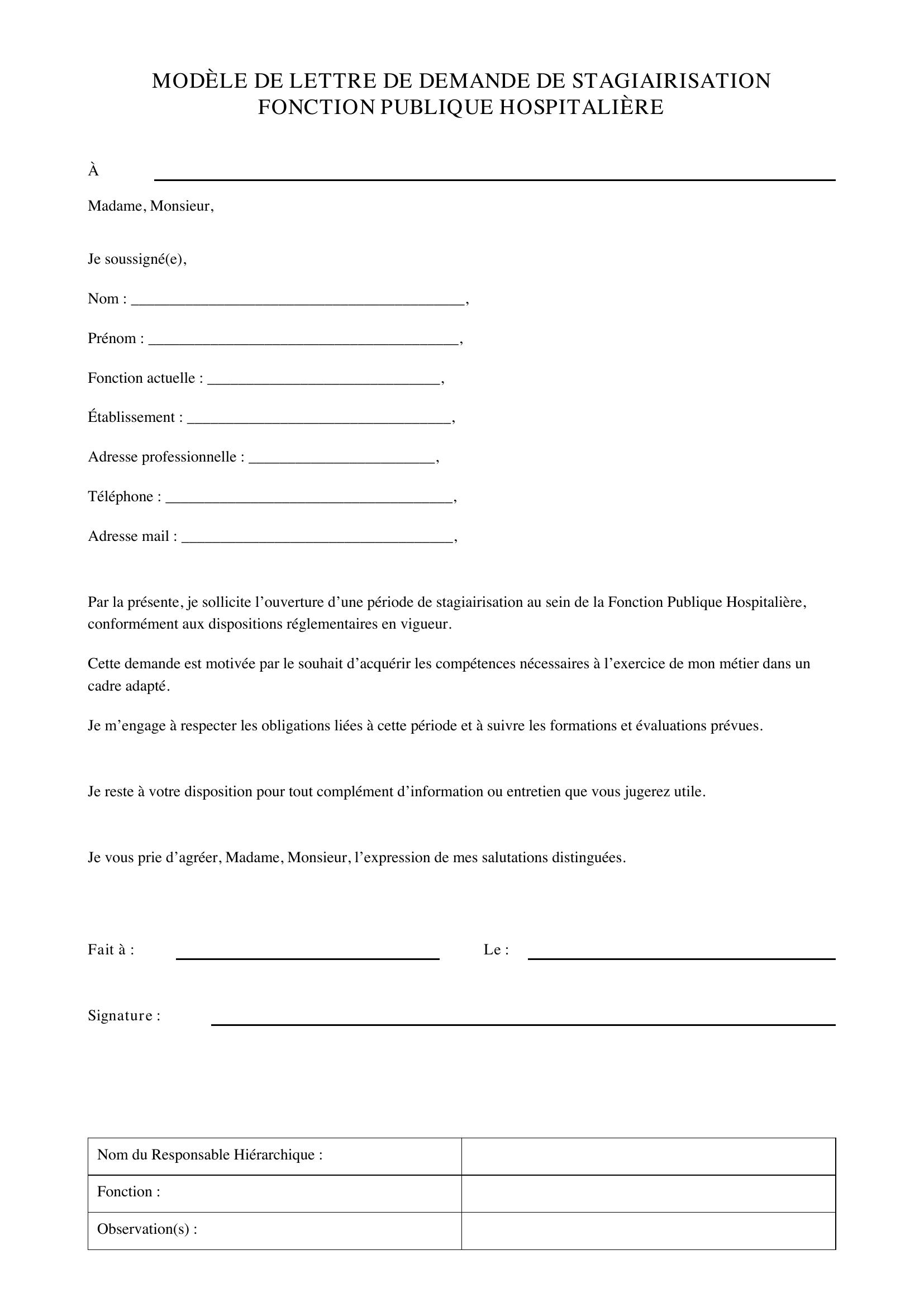 Modèle Lettre Demande De Stagiairisation Fonction Publique Hospitalière
