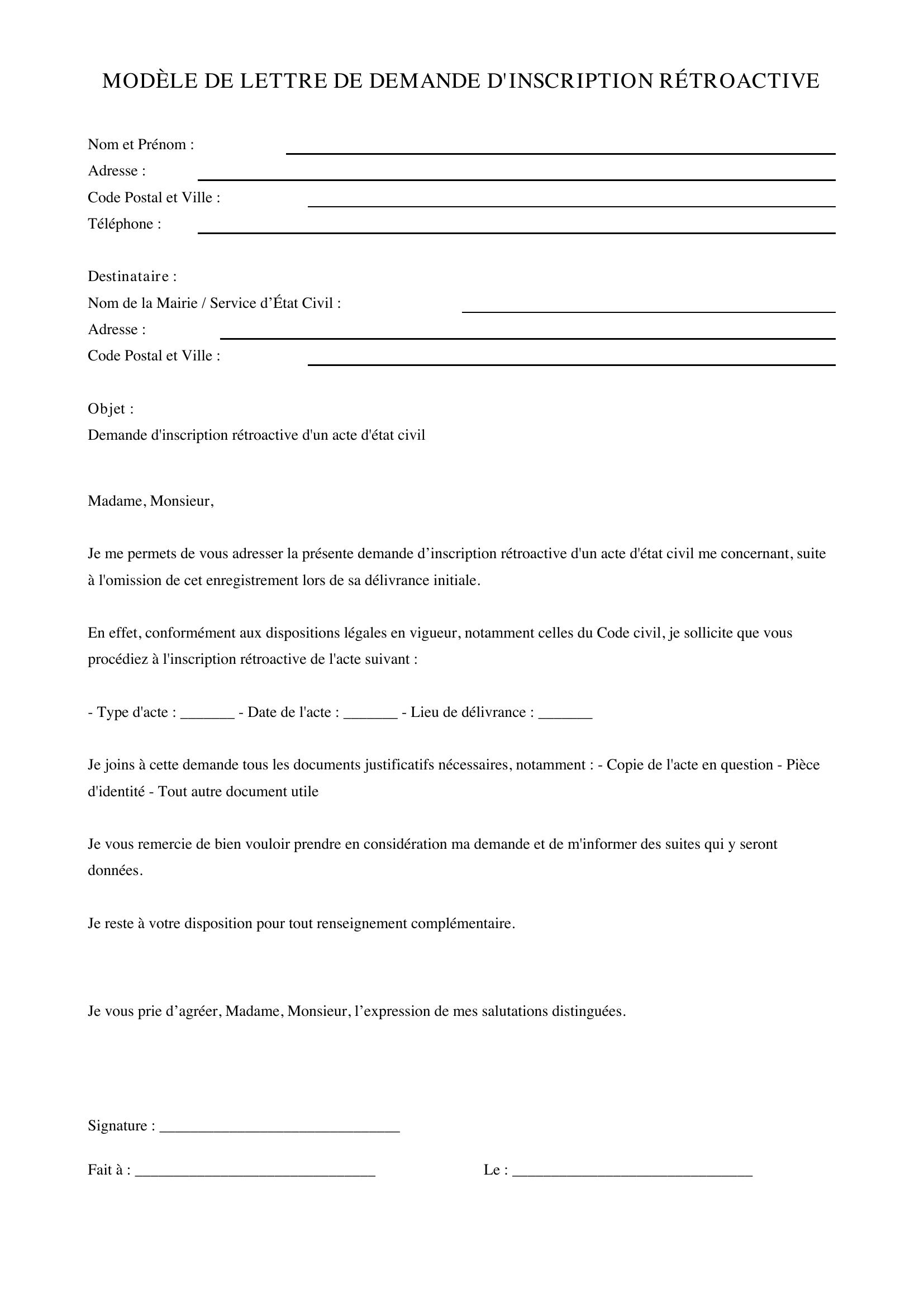 Modèle Lettre Demande D'Inscription Rétroactive