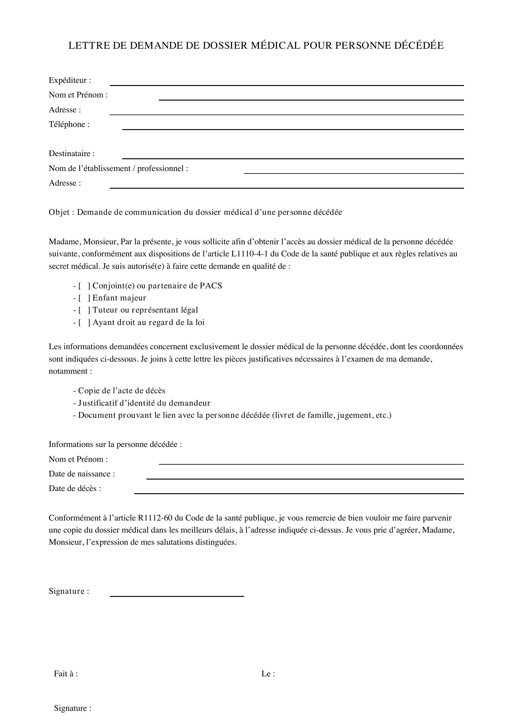 Modèle Lettre Demande Dossier Médical Personne Décédée