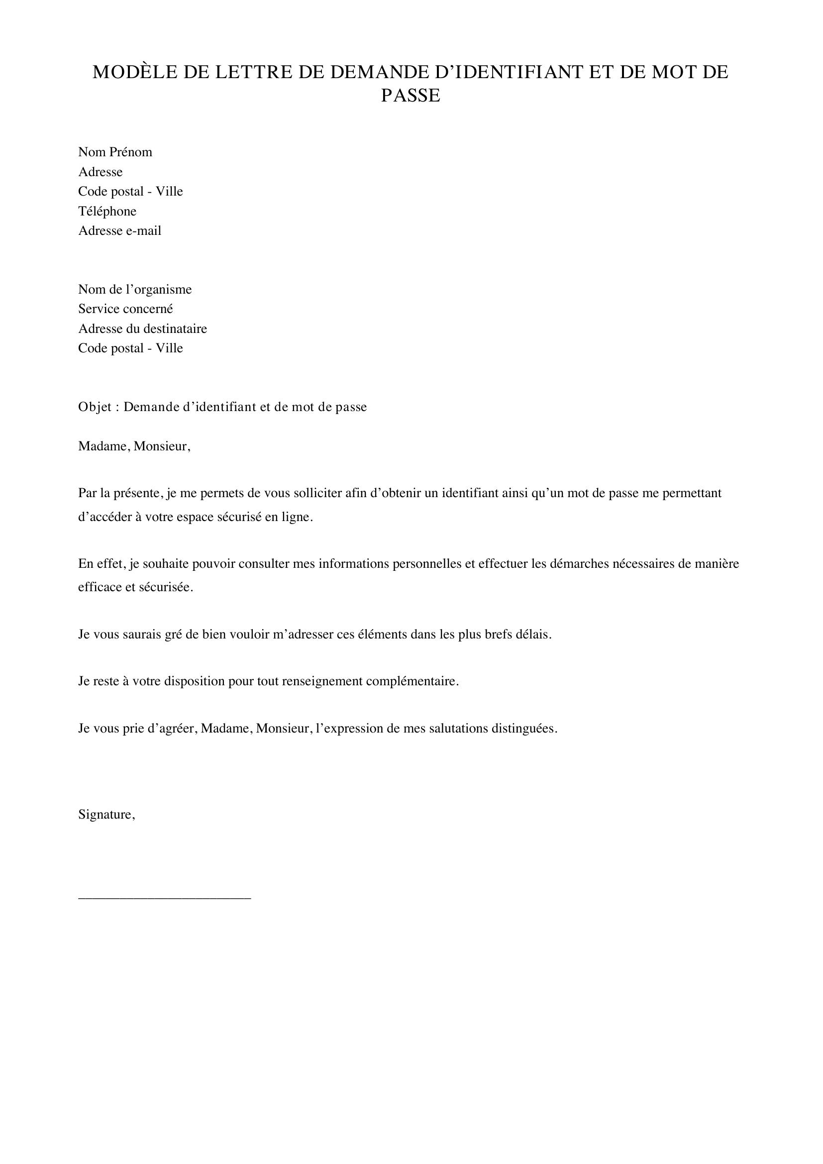 Modèle Lettre Demande Identifiant Et Mot De Passe