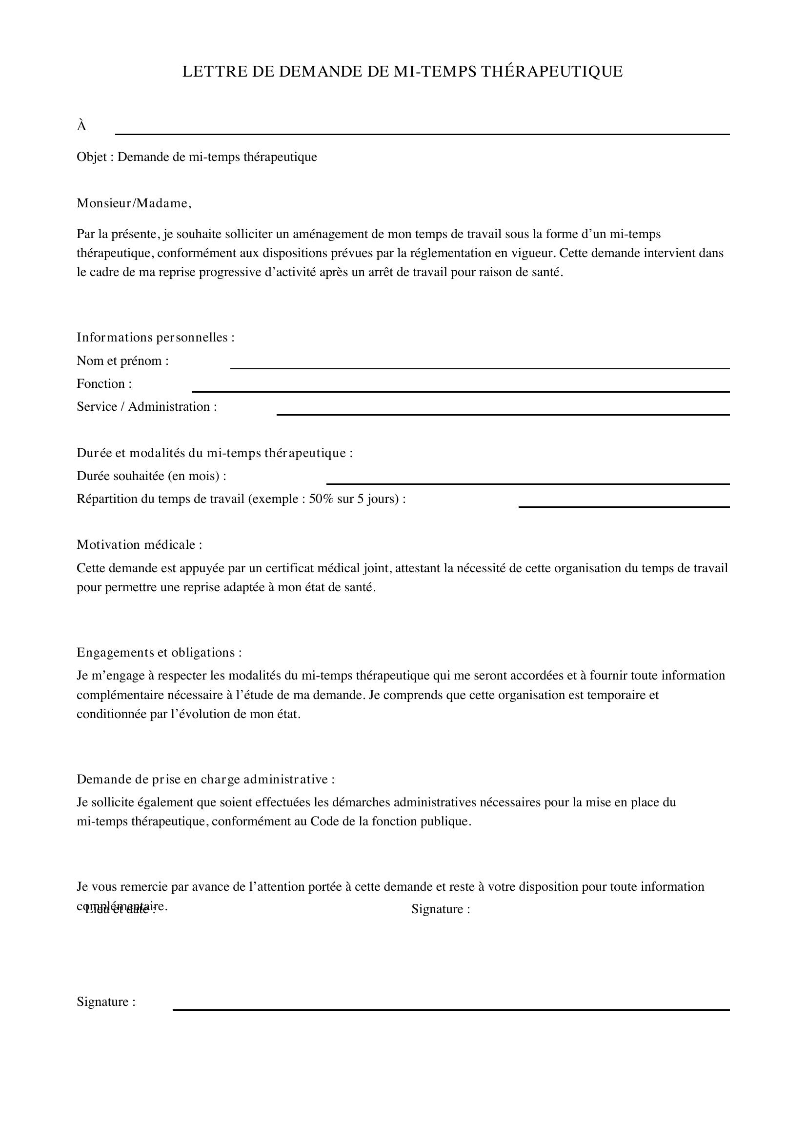 Modèle Lettre Demande Mi-Temps Thérapeutique Fonctionnaire