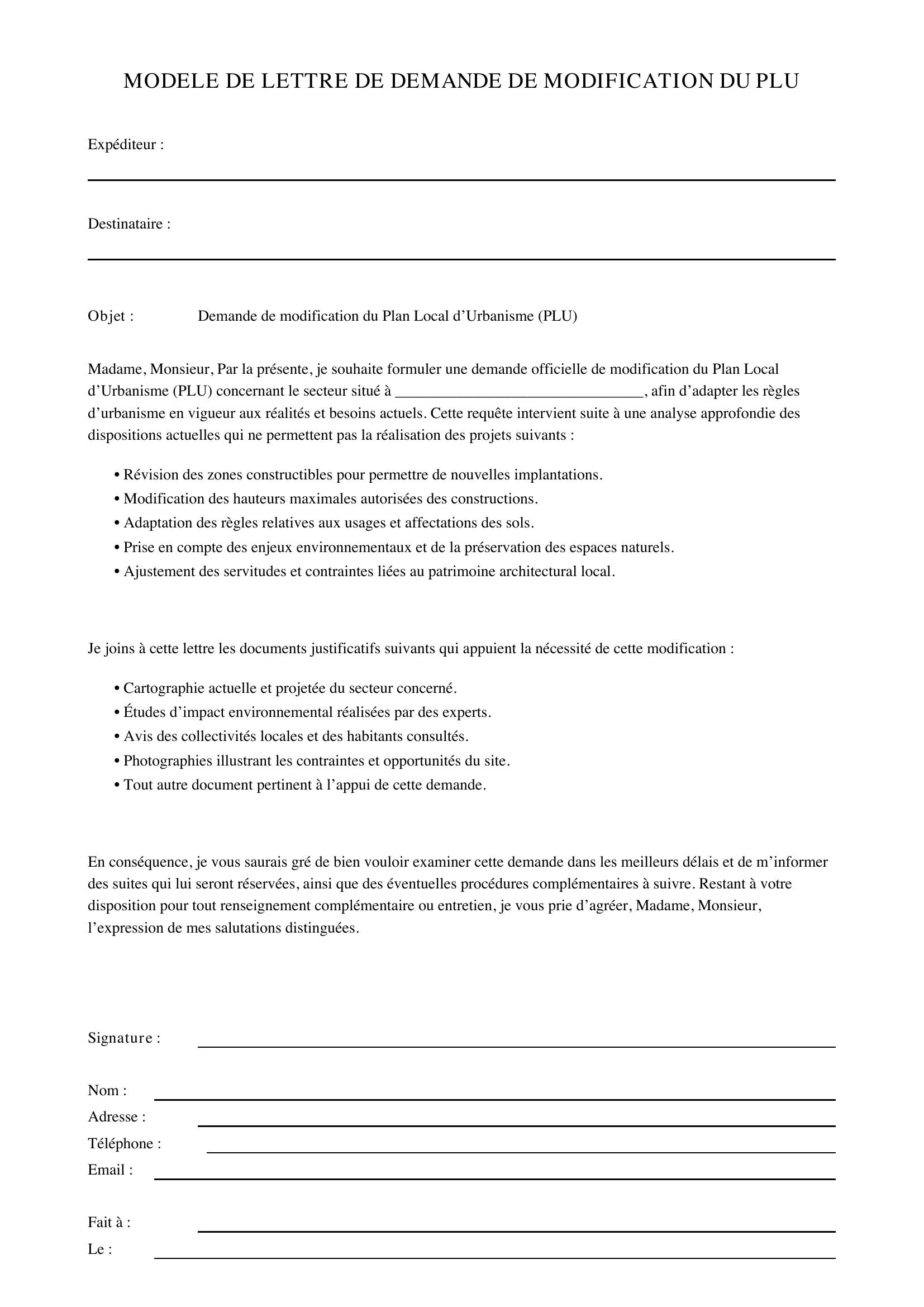 Modèle Lettre Demande Modification Plu