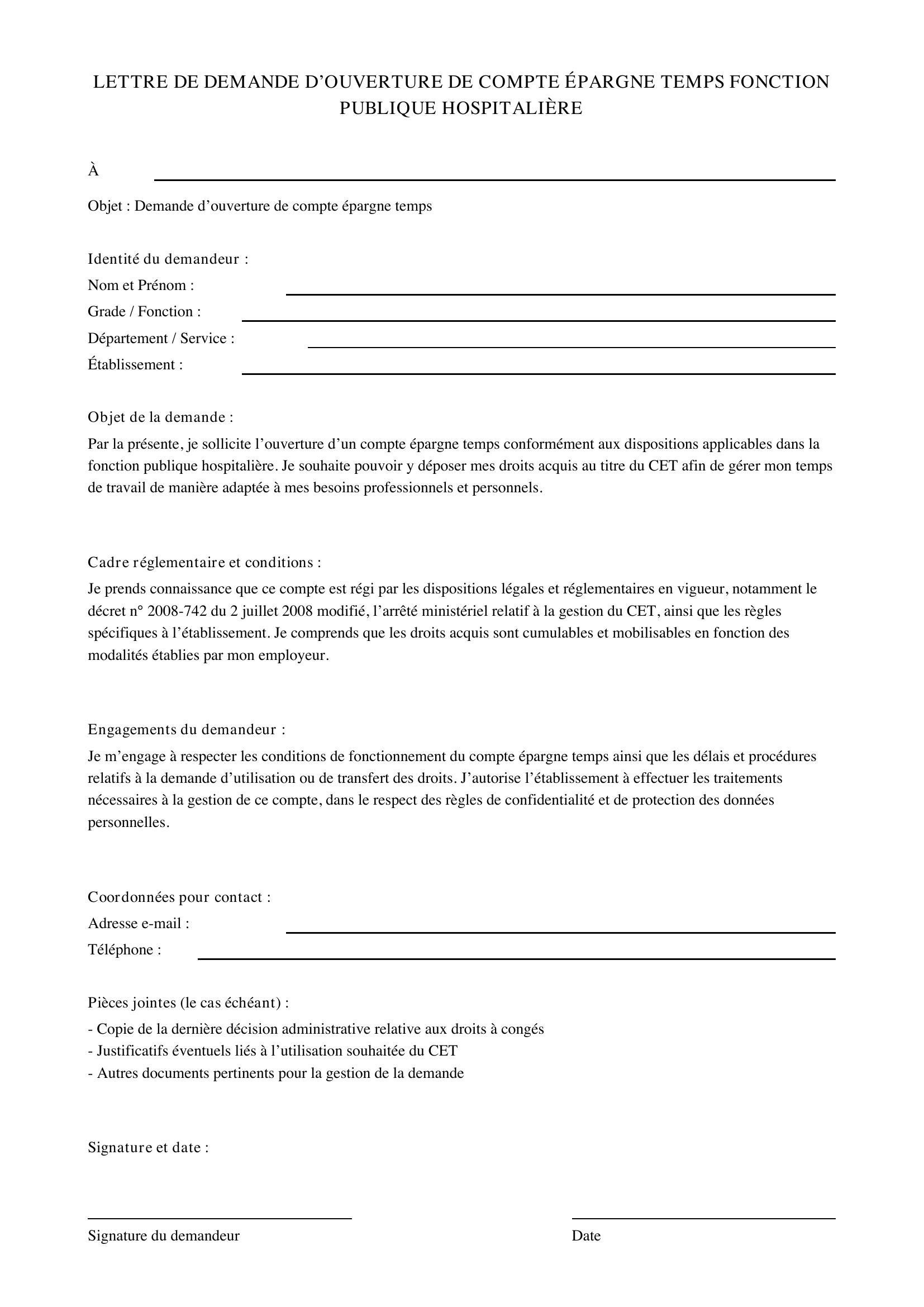 Modèle Lettre Demande Ouverture Compte Épargne Temps Fonction Publique Hospitalière