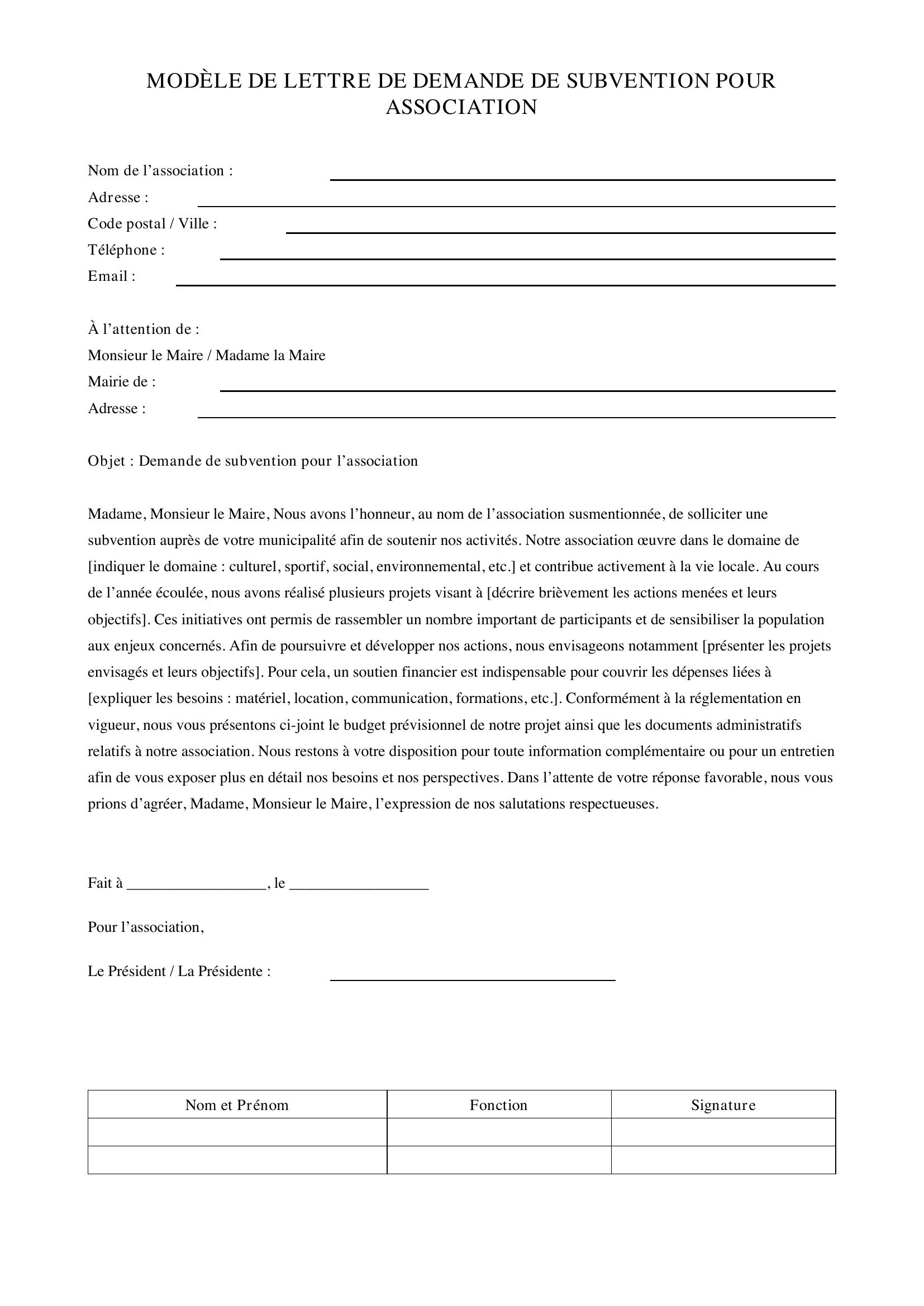 Modèle Lettre Demande Subvention Mairie Pour Association
