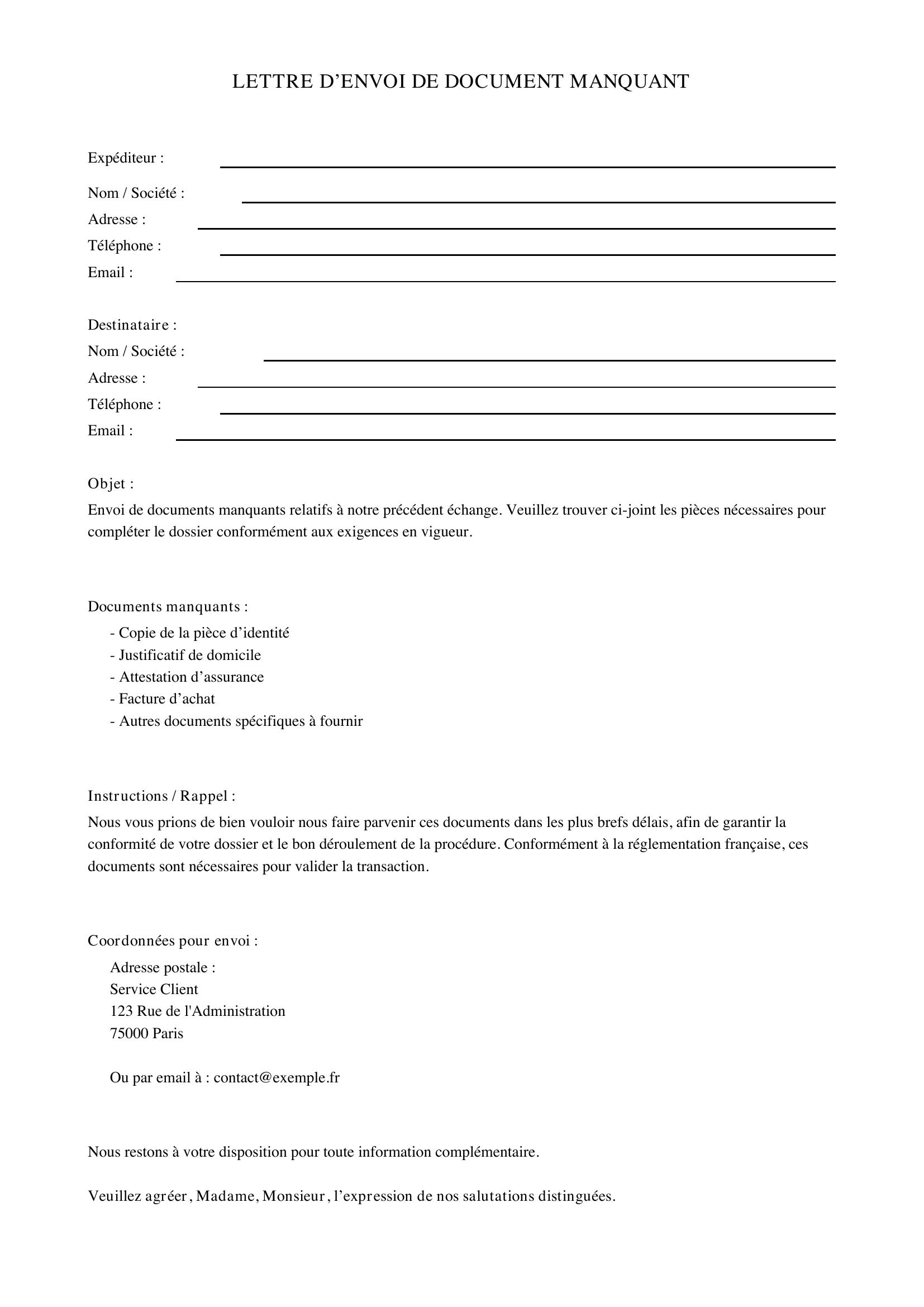 Modèle Lettre Envoi Document Manquant