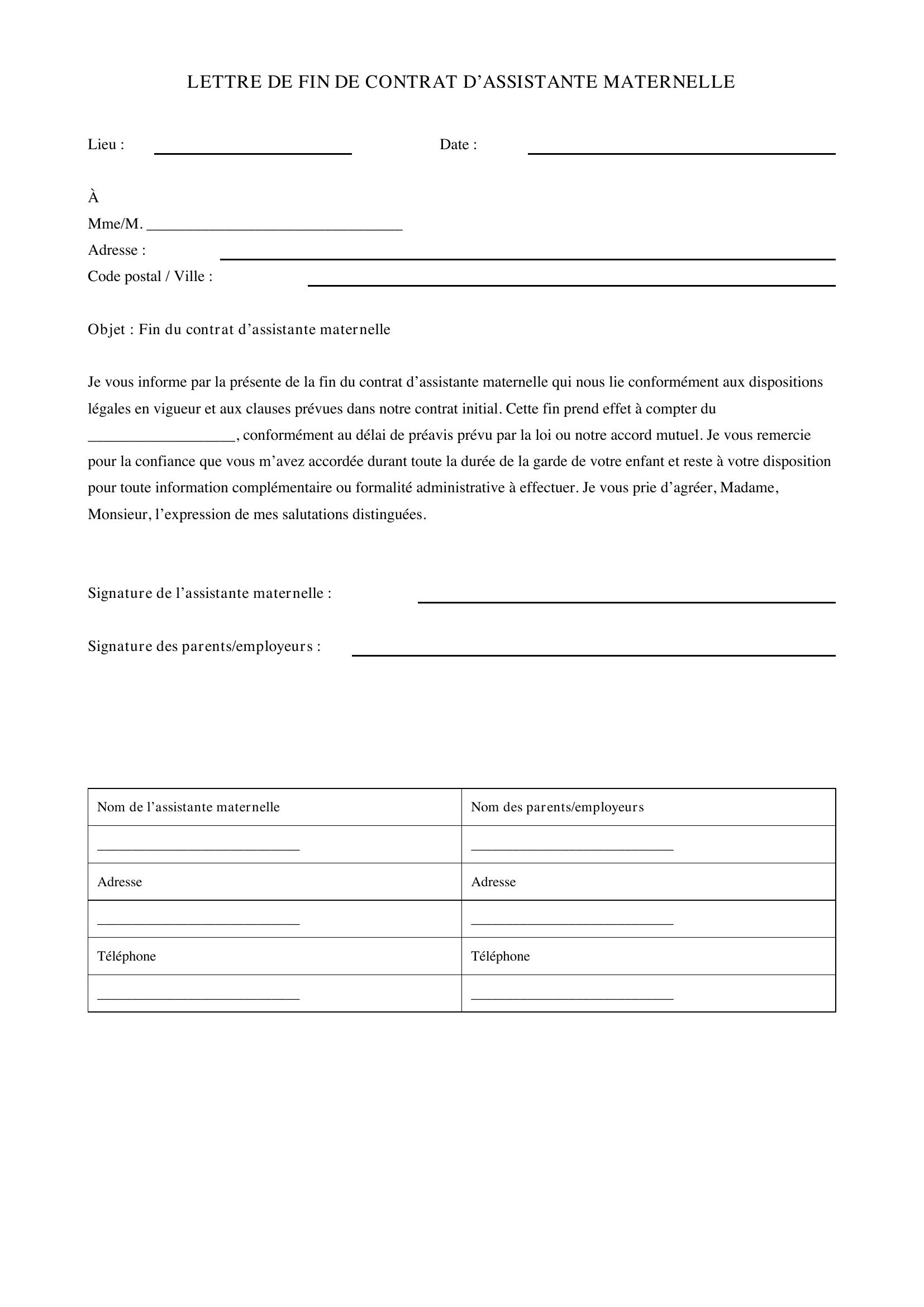 Modele Lettre Fin De Contrat Assistante Maternelle