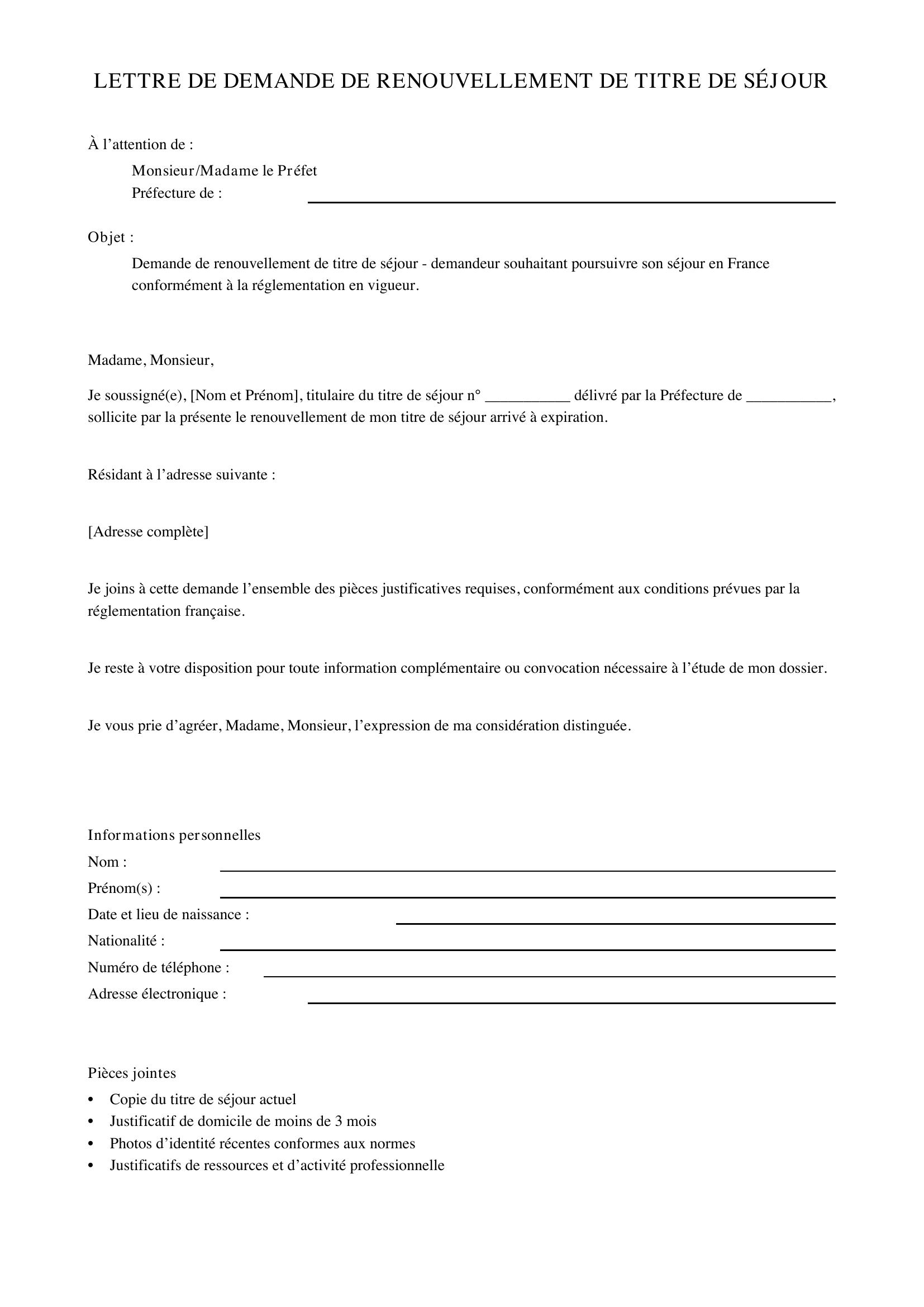 Modèle Lettre Préfecture Renouvellement Titre De Séjour
