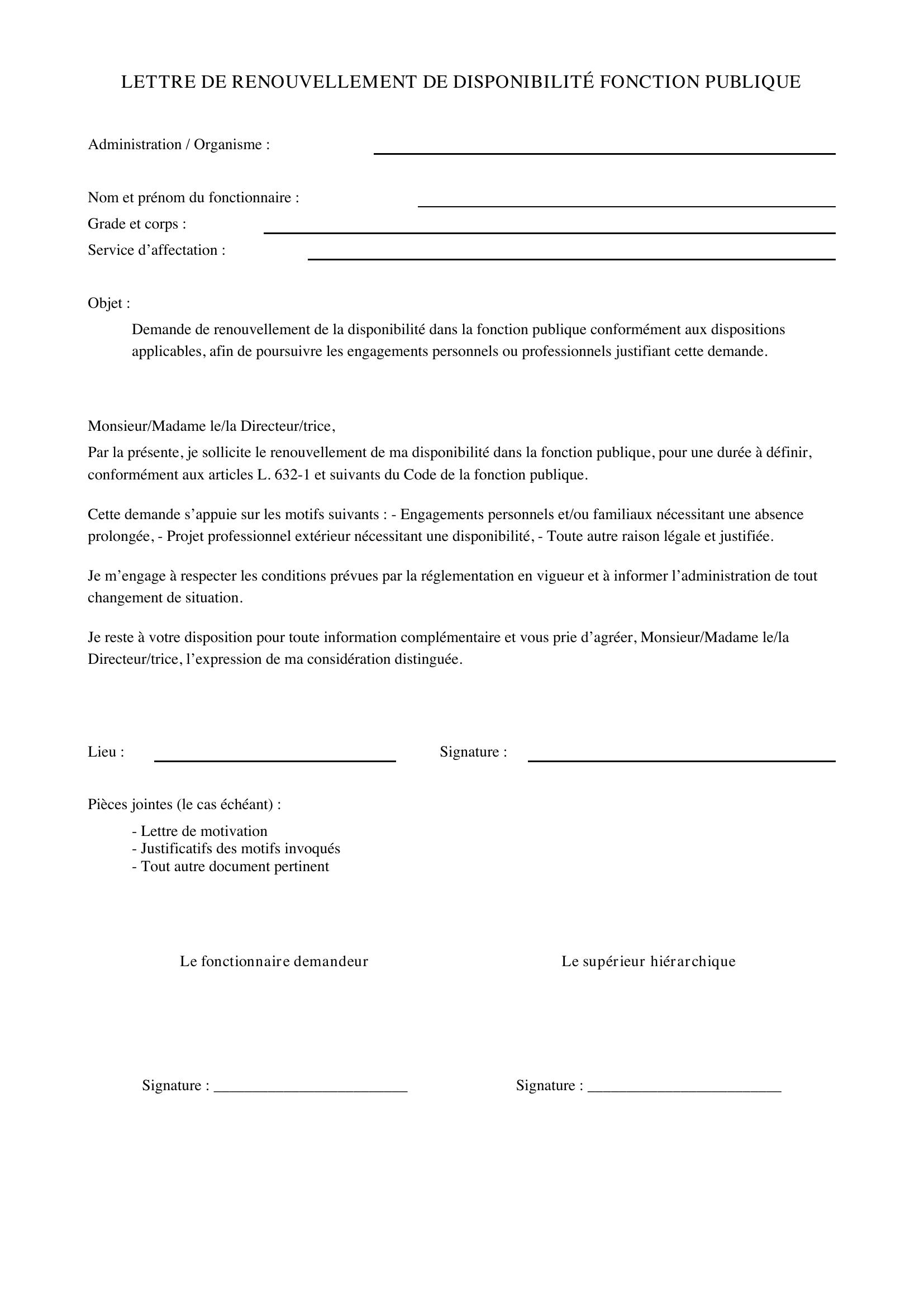 Modèle Lettre Renouvellement Disponibilité Fonction Publique