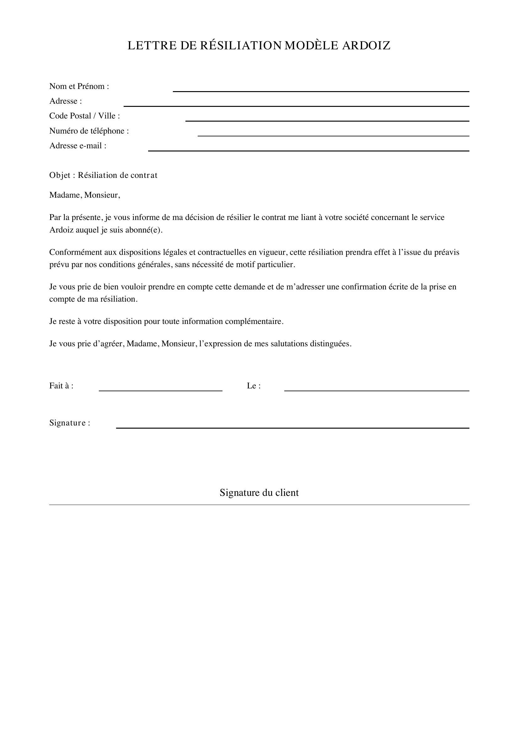 Modèle Lettre Résiliation Ardoiz